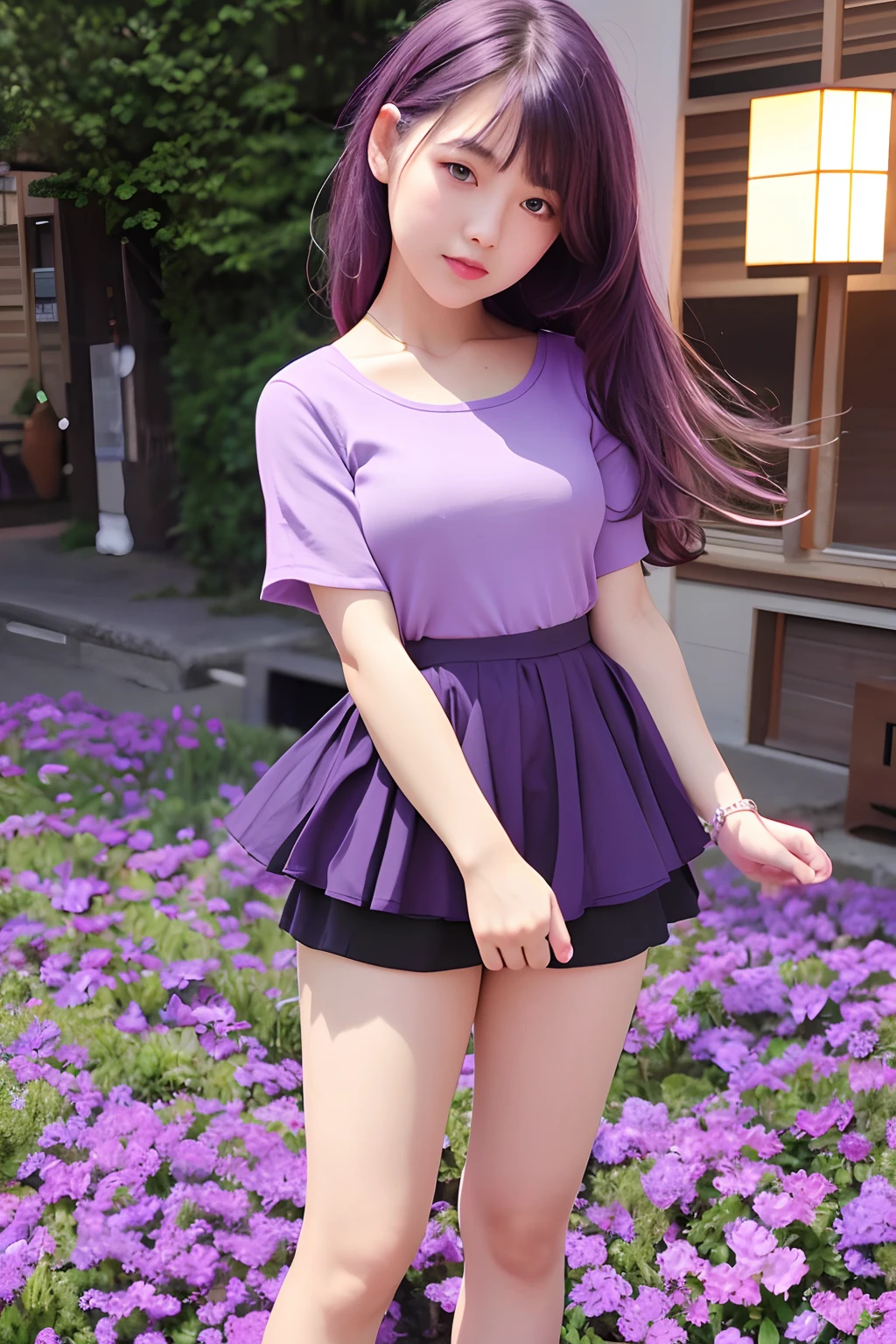 Best quality, hair, purple eyes, shining eyes, cropped top, skirt, open lips, blusher, night, flowers, sun, sunshine, purple skirt, miniskirt, medium hair, surreal, colors warm, purple short dress, purple clothes, light color background, day environment, bright color background, japan, village, cute,