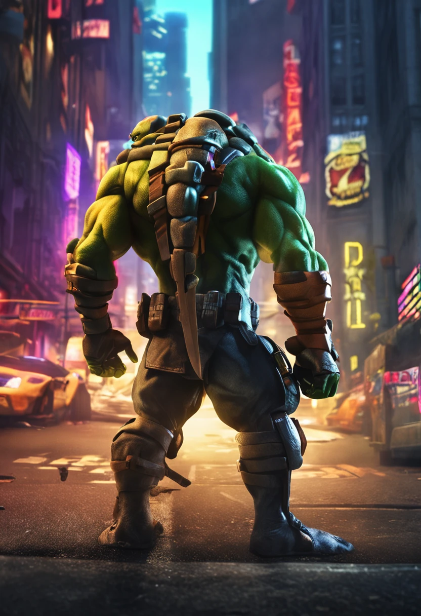 age Mutant Ninja Turtle, Michelangelo|(serious expression:1.2),(action pose:1.2),(dynamic lighting:1.1),(intense shadows:1.1),(vibrant colors:1.1)|Cityscape background