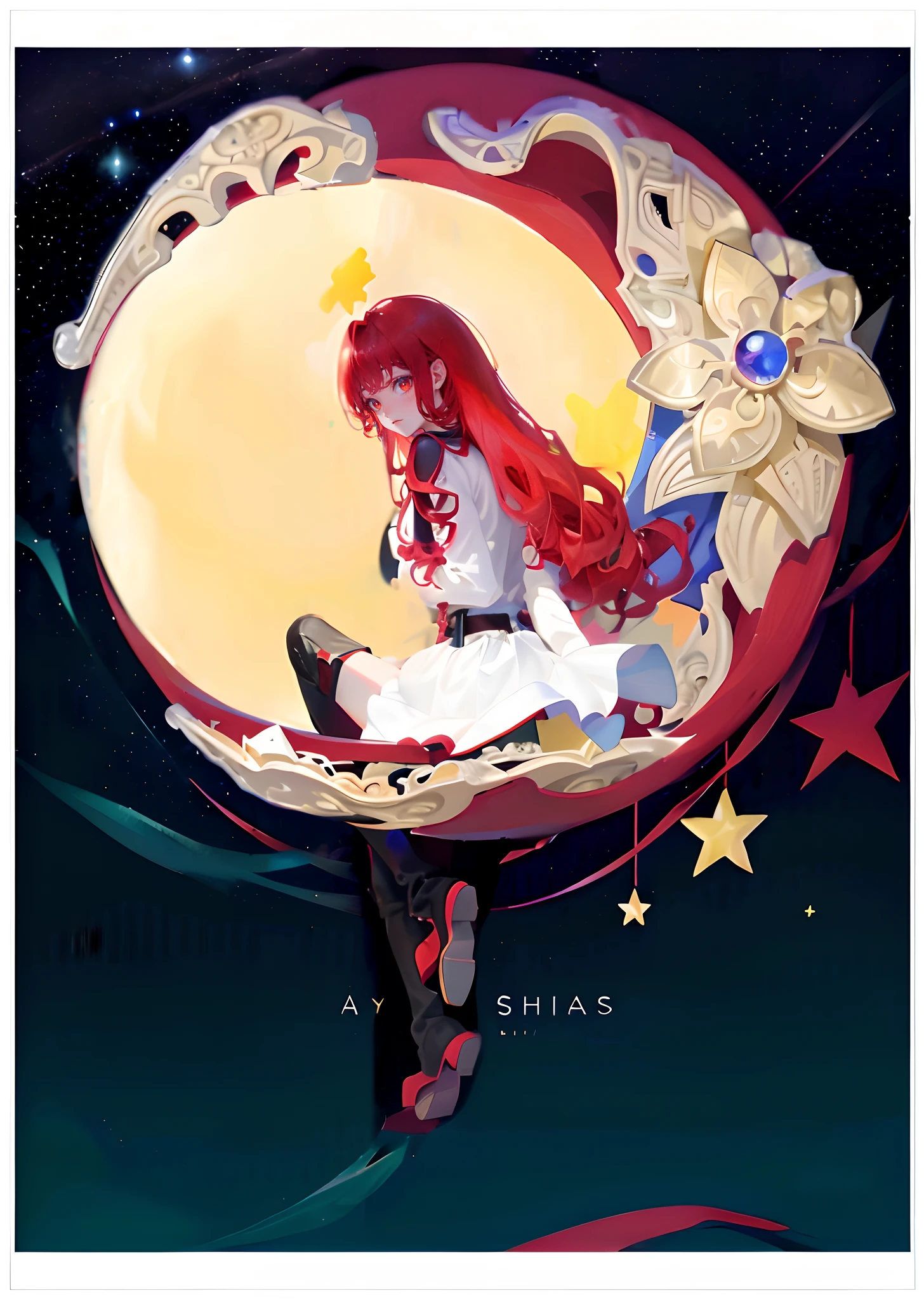 Masterpiece, Best quality, 1girll, (((red long curly hair))),(red color eyes),(White top),(Black tunic and leather pants),(Red boots),