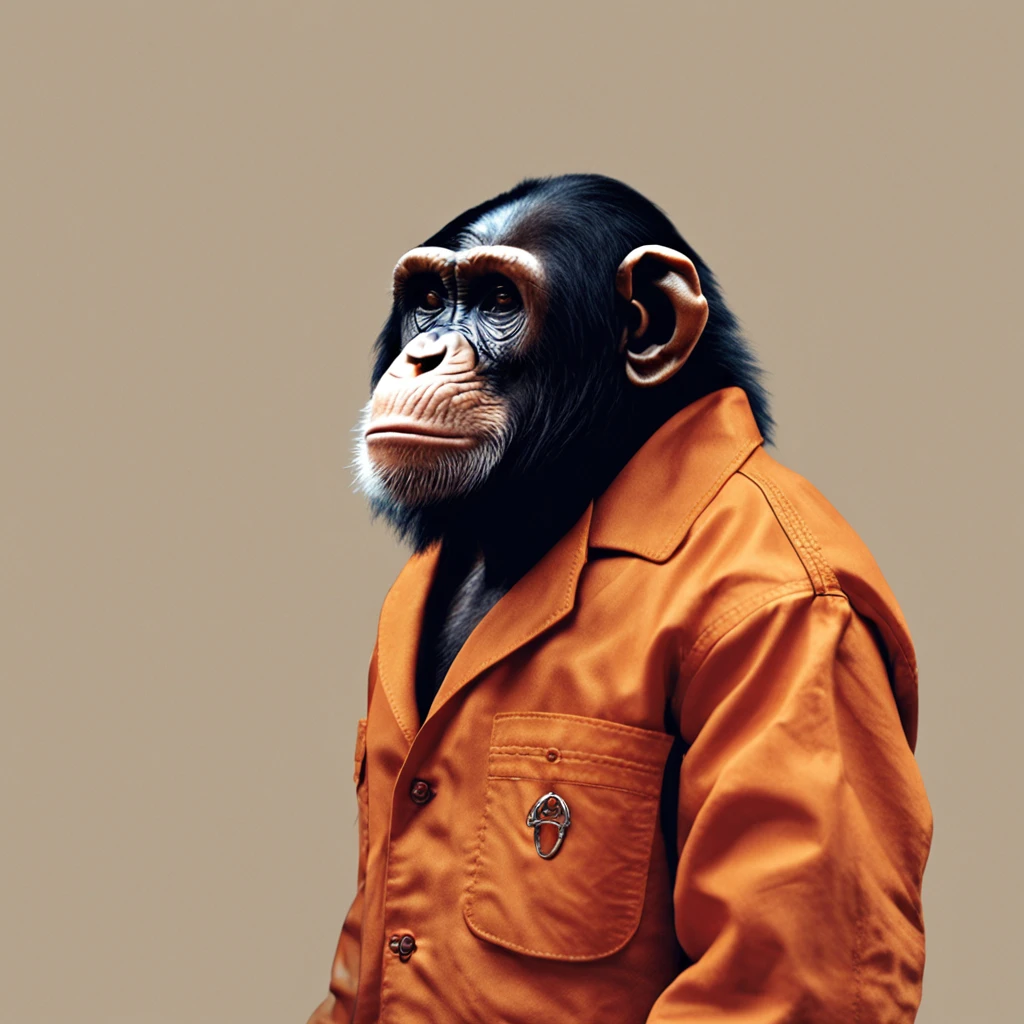 a chimpanzee driver in orange lab coat and sunglasses