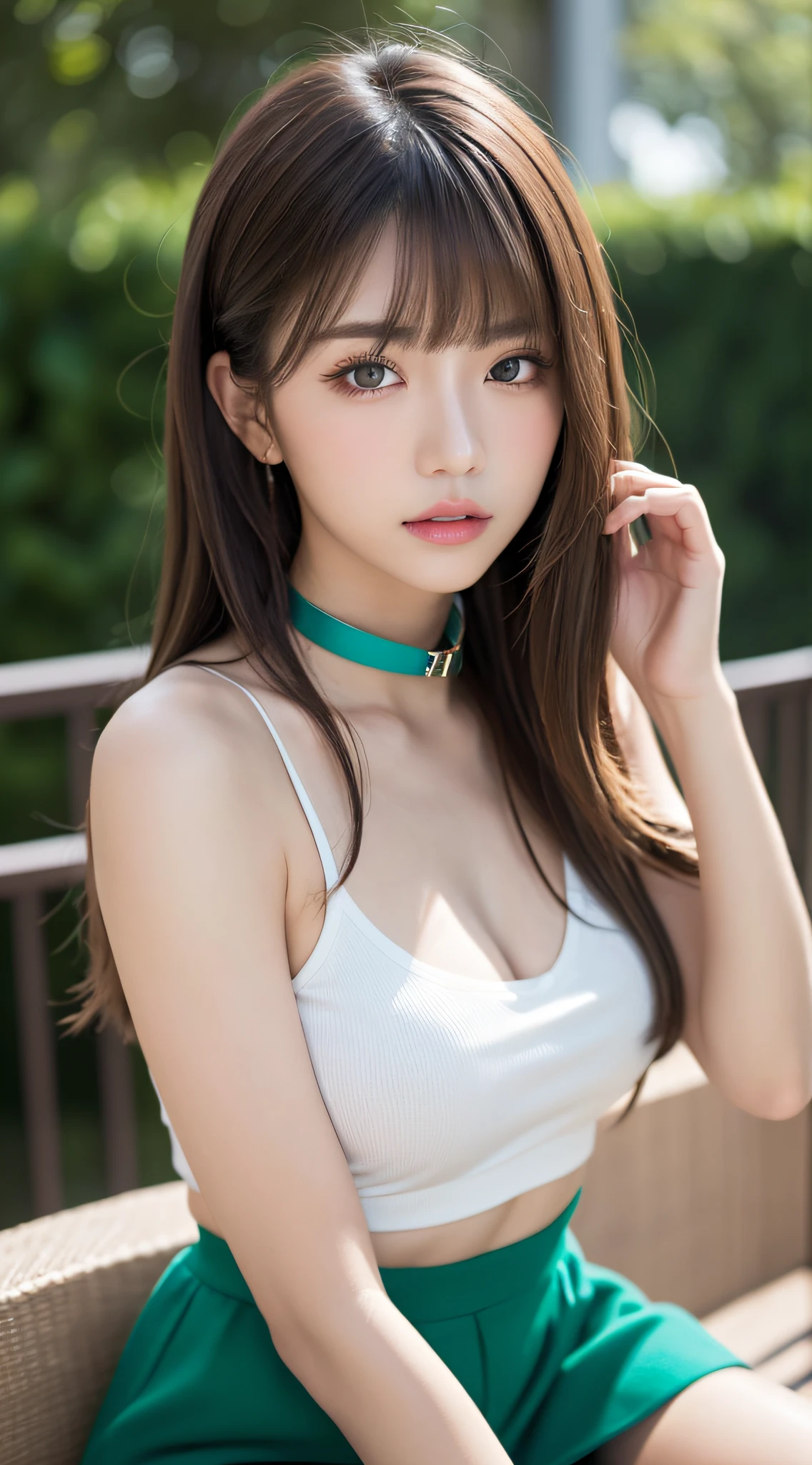 (Best Quality, 8K, masutepiece, Ultra HD: 1.3), 1girl in, small tits ,light brown hair, Blunt bangs, hair behind ear, hair over shoulder, Long hair, slender body shape, Ultra Fine Face, Delicate lips, Beautiful eyes, Double eyelids, lipsticks, thin blush ,Green eyes ,perfect glossy skin,flawless skin,fair white skin,perspiring,A gaze that invites you, Chest,Ultra-thin hands, Ultra-fine fingers, shirt with collar, tight skirts , beauty legs ,pumps. campus
