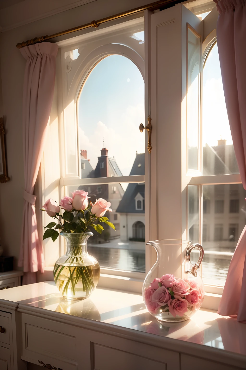Hyper-realistic windowsill scene,Feminine curtains with pink roses,Clear water is reflected in a brilliant glass vase,Sunlight pours through the windows,Create high-definition images。