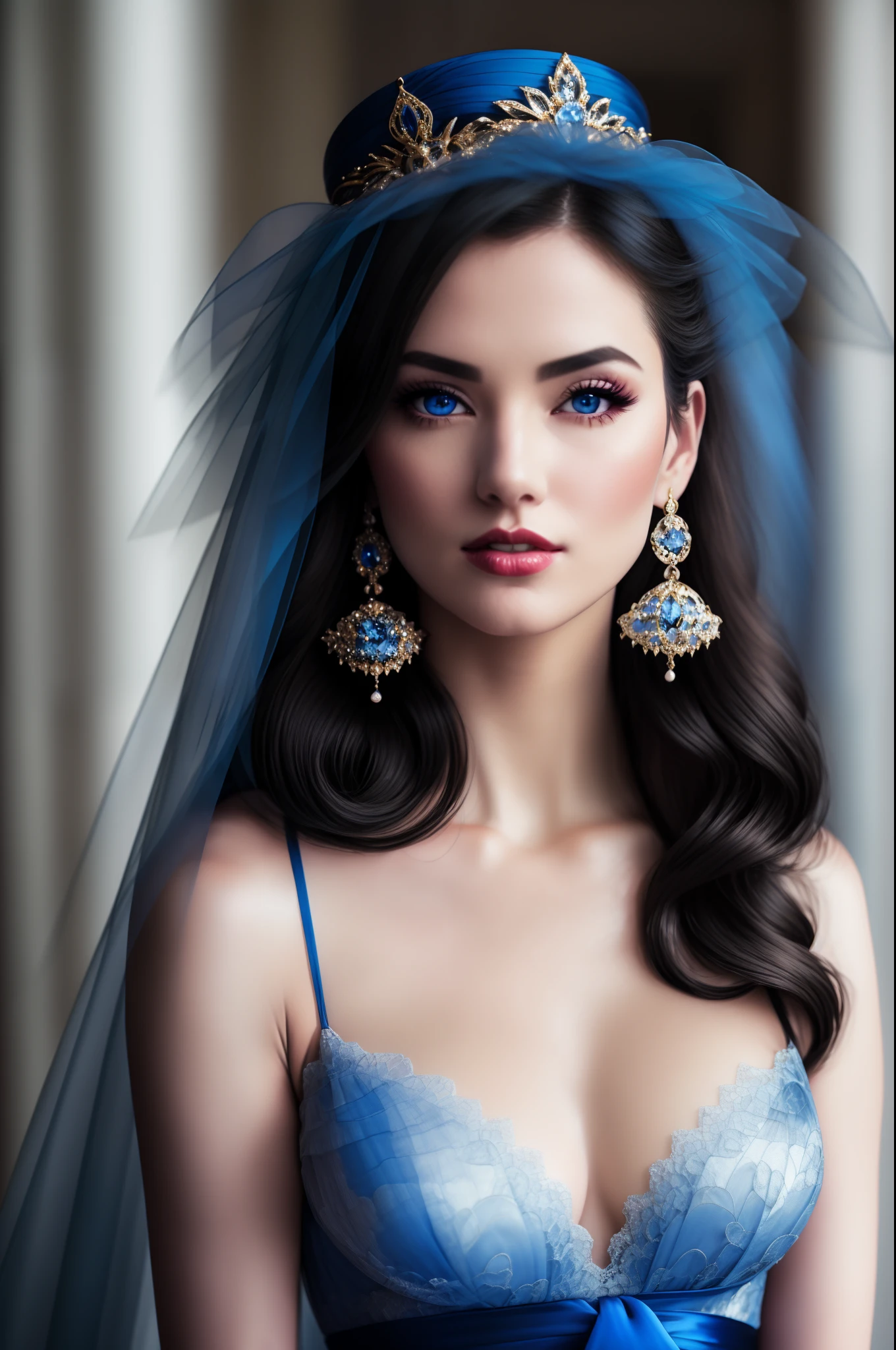 An ultra wide shot of an ethereal beauty with sapphire eyes, porcelain skin, rosy lips, glossy ebony hair, and an elegantly proportioned figure, all crowned by an exquisite celestial blue silk gown adorned with lace and a bejeweled belt, posing for a photo at the airport creating an enchanting and goddess-like presence, 8k, extremely detailed facial features