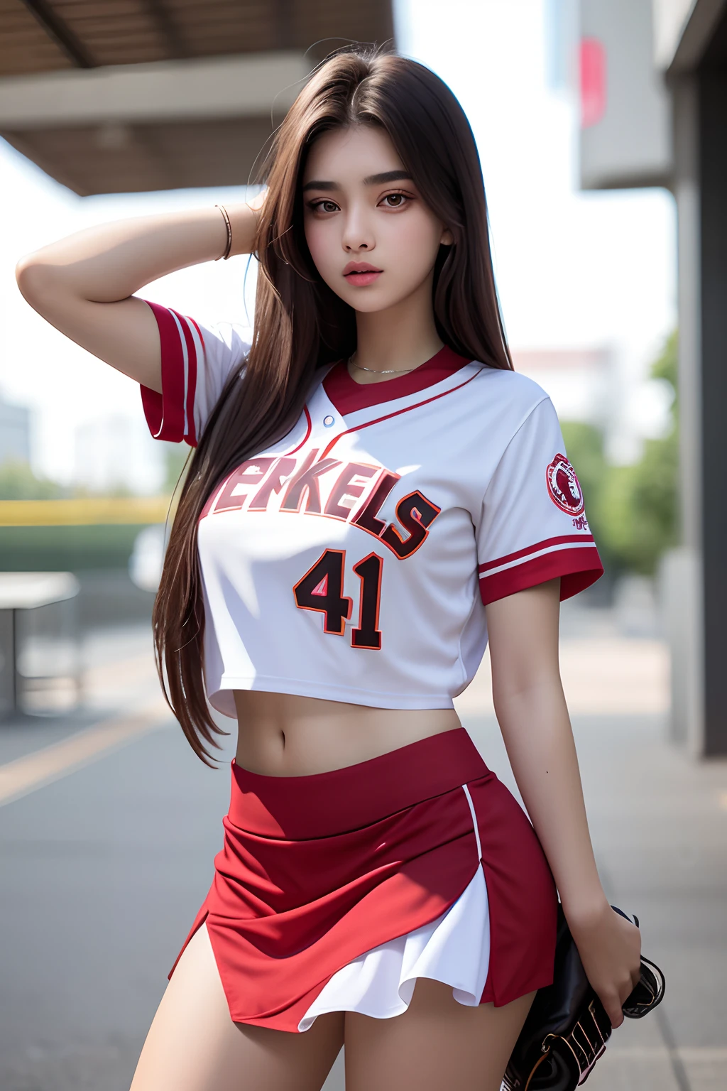 a beautiful yo Turki woman, baseball tshirt oversize ,short skirt, detailed, detail body and face.