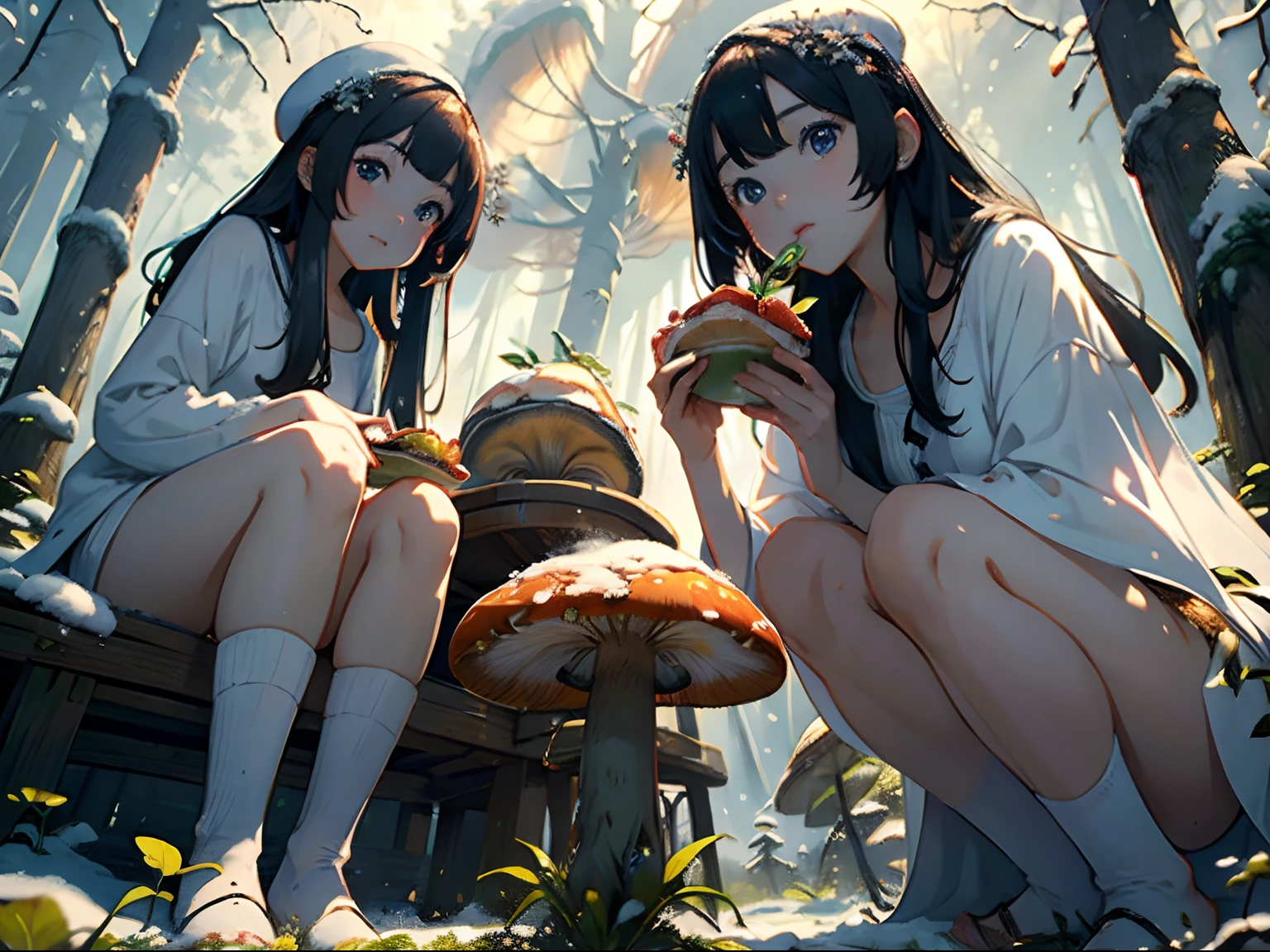 (Masterpiece, best picture quality, HD wallpaper), the beautiful girl and her sister are sitting in a mushroom forest, frontage, from below, eating lunch, winter, snow,god ray, naked