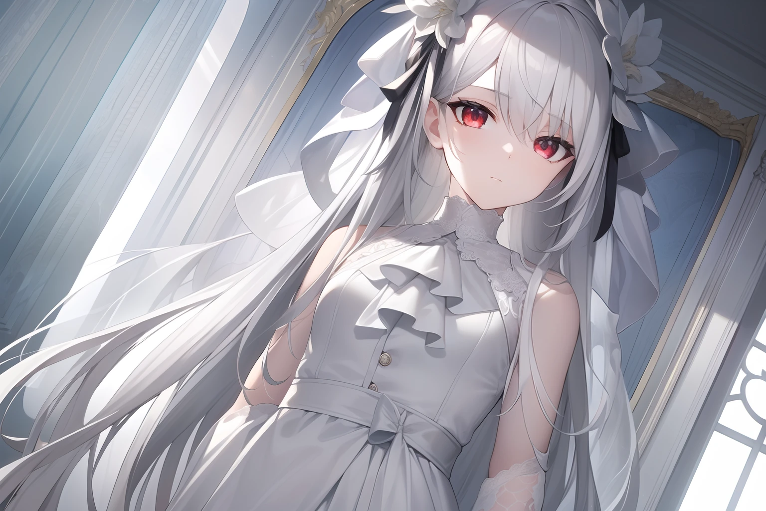 ((Masterpiece, Best quality))++, Detailed light+, Detail hair+, detail hand+ ,1girll, woman, Long hair, Black eyes, Beautiful eyes, Young gray hair,,(Beautiful white hair:1.5),(Beautiful detailed eyes), high resolution+, blacksilk , a black skirt, Glass tones, Reflective eyes, , extremelydetailedwallpaper, Original, ,Red eyes