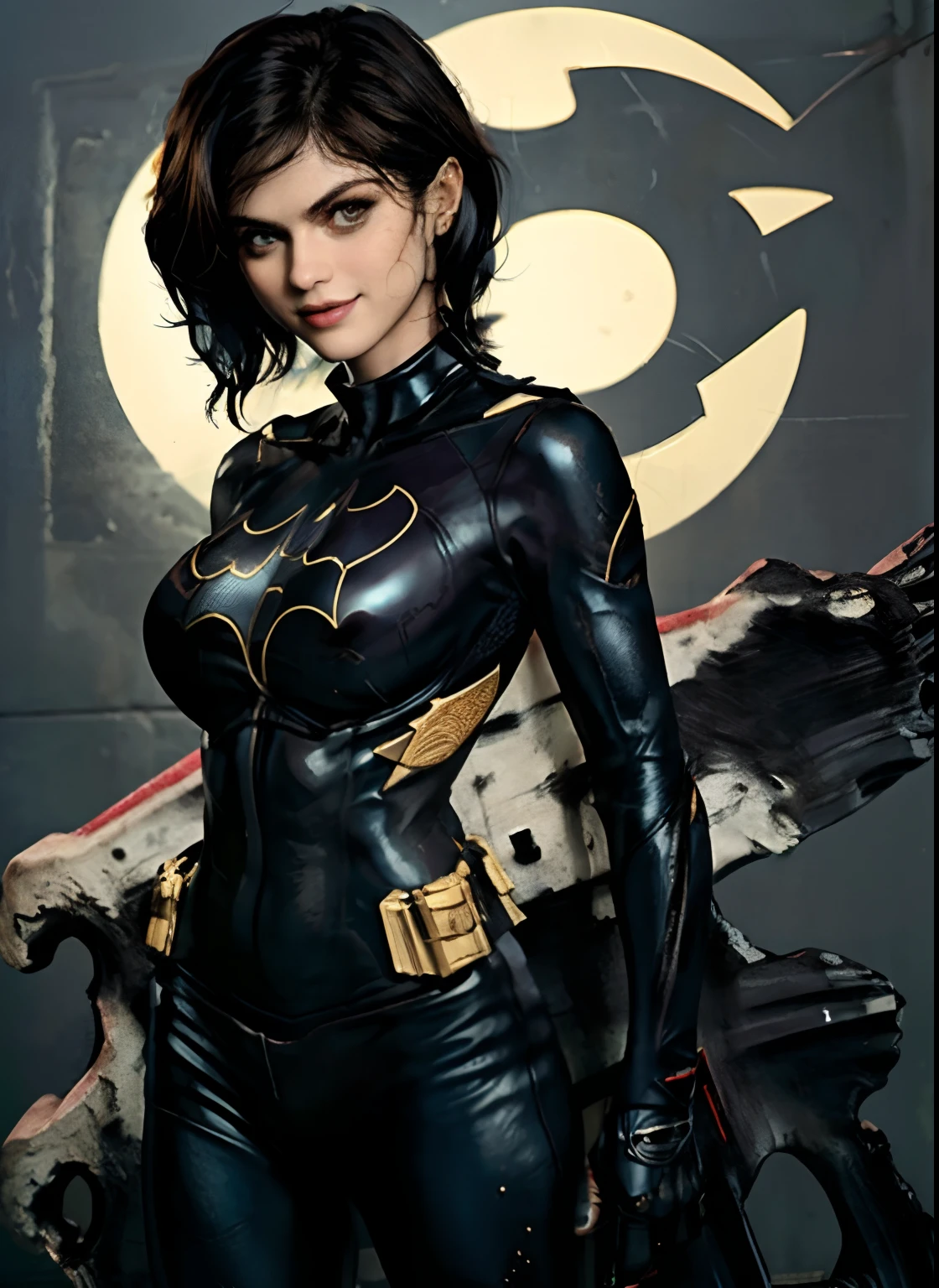 (obra-prima, melhor qualidade), 1girl, solo, Alexandra Daddario, batgirl terno, cabelo preto, olhos castanhos, sorriso, ((seios muito gigantes)),
akihabara, dos mortos, noite, de cima, Standing roof, centro de jogos,