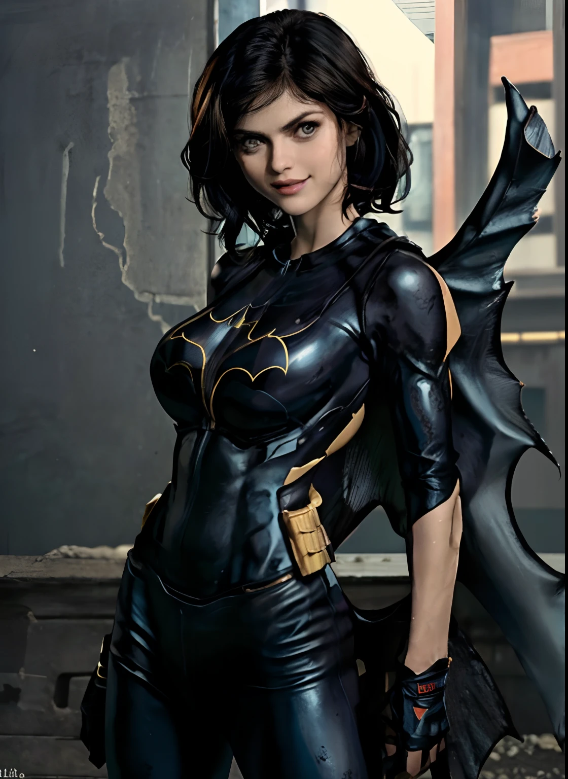 (obra-prima, melhor qualidade), 1girl, solo, Alexandra Daddario, batgirl terno, cabelo preto, olhos castanhos, sorriso, ((seios muito gigantes)),
akihabara, dos mortos, noite, de cima, Standing roof, centro de jogos,