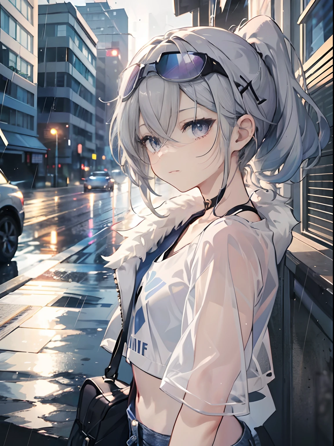 Exquisite masterpiece, best quality, illustration style, an anime girl with a curly ponytail, beautiful eyes, summer, white short-sleeved hem blown by the wind, jeans, blue-purple gradient goggles, small, heartwarming, youthful and beautiful, heroic and sassy, black and white matching, gray hair, showing a natural casual style. The dynamic posture contains the golden section, large aperture portrait, white space, strong contrast between light and shadow, super texture, super clear and concise picture, presenting extremely beautiful, elegant temperament, delicate facial expressions, city background, rainy days, road area water reflection