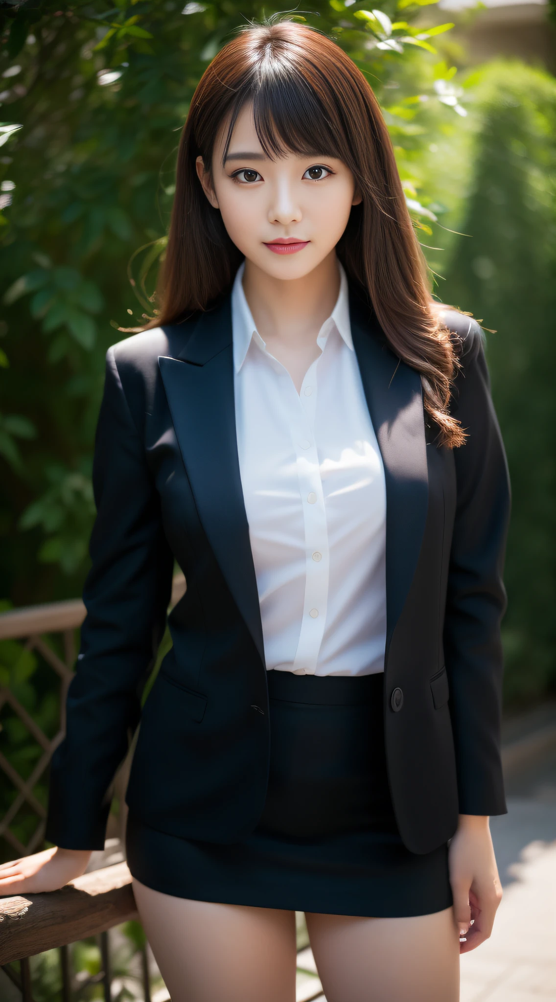 Beautiful Japan Adult Woman, top-quality, masterpiece, 1girl in, beautiful countenance, (photographrealistic:1.3), Rim Lighting, (High Detail Skins:1.2), 8K UHD, Digital SLR, hightquality, hight resolution, 4K, 8K, bokeh dof, (realisitic:1.3), Wearing a black formal blazer, ample breasts, a short skirt, (Transparent blouse:1.1),