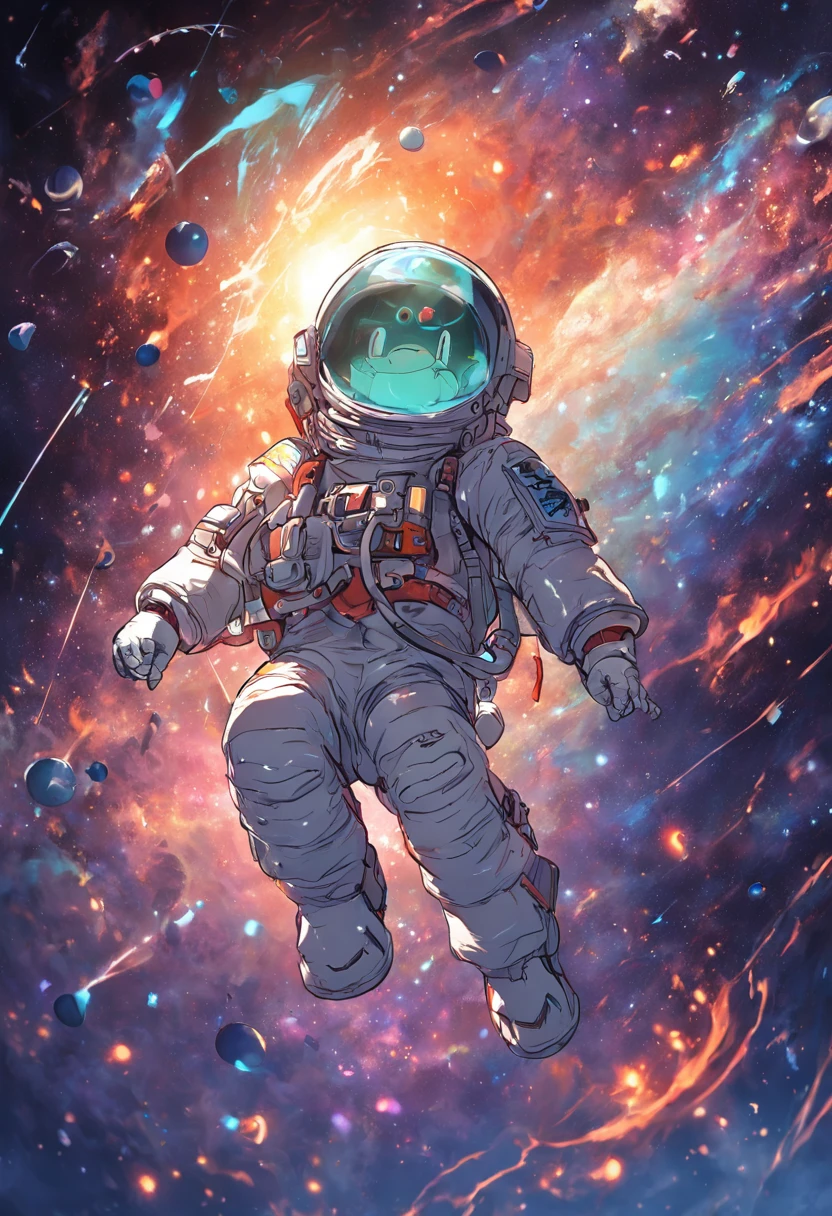 ((Gato)) Astronauta hiperdetallado sosteniendo un globo, Flying through outer space, fondo negro feliz, alegre, flotando en el espacio ultraterrestre, ..3D, Efecto Pop Art, Detalle brillante, fondo negro, 5ABCB9 hex code colors, 63E2C6, FB6376, 613F75, 0C6291