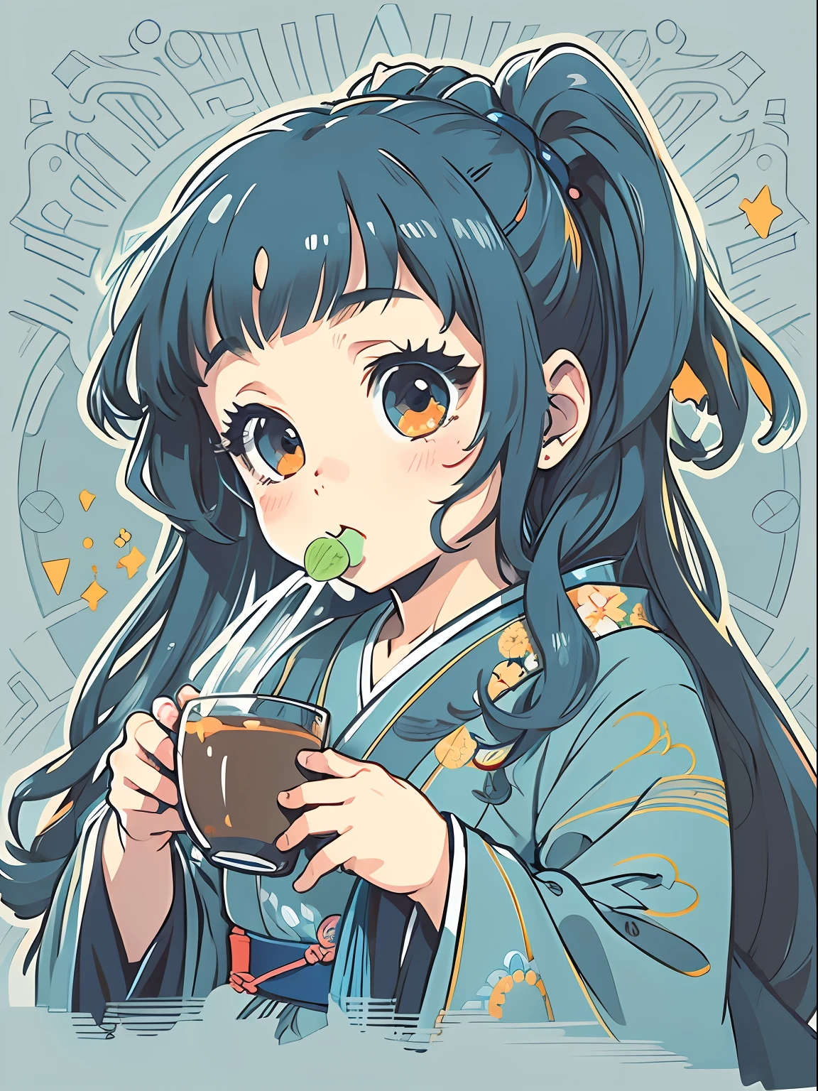 sticker, cute anime girl head, longhair style, wearing navy blue kimono, drinking tea, in circle, white Background, Bright blue, Simple, Ultra Detailed, Detailed Drawing, Vectorization, Silhouette, 8k, professional sticker design, flat design, vector lines, sticker, drawing, Drawing, Full HD