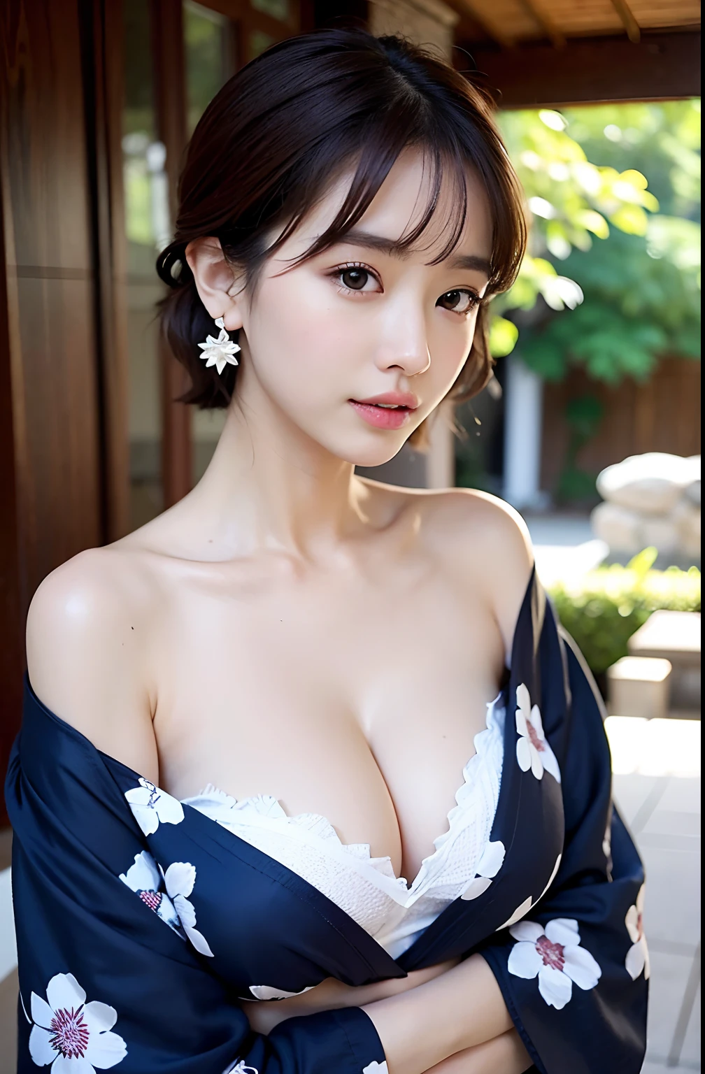 1 rapariga, Bare_tree, brown_Eyes, brown_Hair, build, Manteau, Cross_Earrings, 耳Nipple Ring, Large yukata,Blue floral pattern yukata, jewely, cparted lips, Shorthair, Looking_at_peeping at the viewer, exteriors, Yuki, Yuki, Yuki, 独奏, The tree, The upper part of the body_Body, Winters, winter_clothes, Detailed_Eyes,cleavage、Colossal tits、Open the coat,full bodyesbian, Bring your arms together, Chest camera, The large, Ears come out, face in golden proportions, The body of the golden ratio, best qualtiy,hyper HD,Thick bangs
