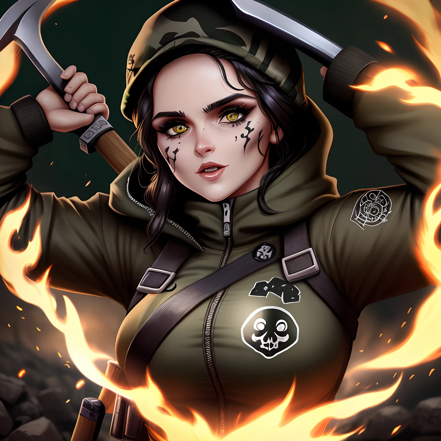 Caveira pegando fogo com os olhos vermelhos segurando uma espada