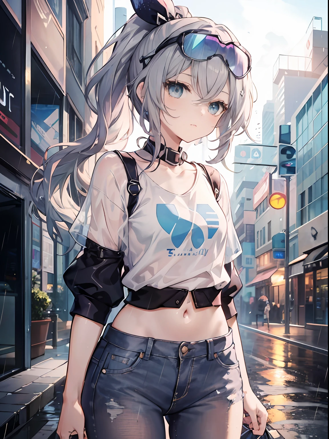 Exquisite masterpiece, best quality, illustration style, an anime girl with a curly ponytail, beautiful eyes, summer, white short-sleeved hem blown by the wind, jeans, blue-purple gradient goggles, small, heartwarming, youthful and beautiful, heroic and sassy, black and white matching, gray hair, showing a natural casual style. The dynamic posture contains the golden section, large aperture portrait, white space, strong contrast between light and shadow, super texture, super clear and concise picture, presenting extremely beautiful, elegant temperament, delicate facial expressions, city background, rainy days, road area water reflection