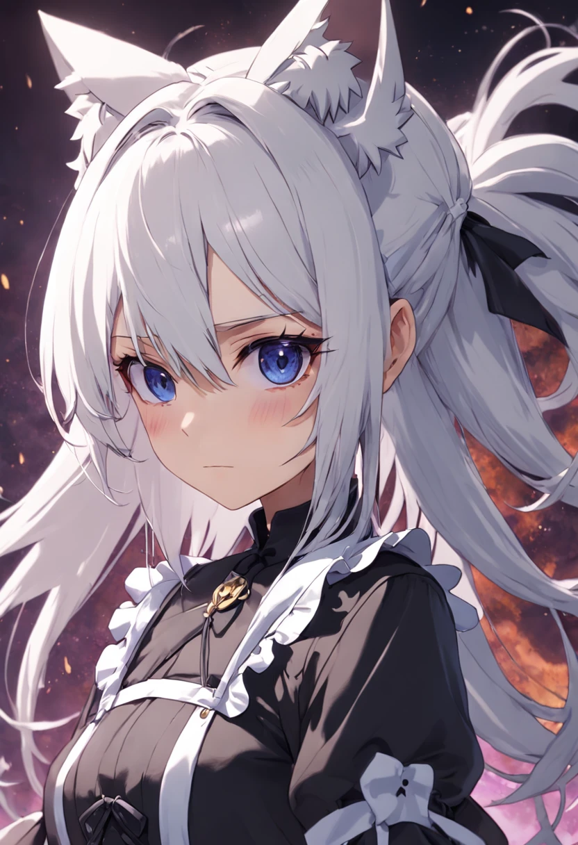 white hair, drill hair, quad drills, maid headdress, cat ears, evil, expressionless eyes, anime, Gothic art, anime style, Fujicolor, textured skin, high details, 4K