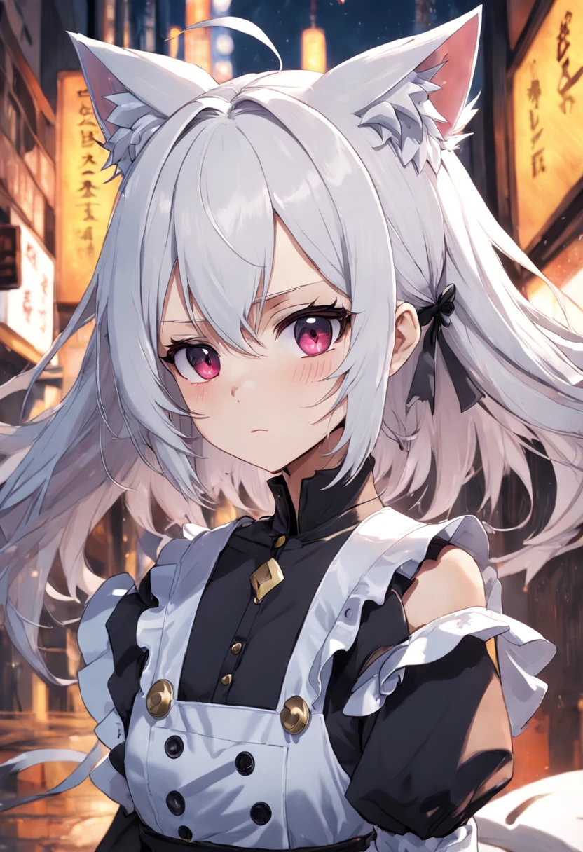 white hair, drill hair, quad drills, maid headdress, cat ears, evil, expressionless eyes, anime, Gothic art, anime style, Fujicolor, textured skin, high details, 4K