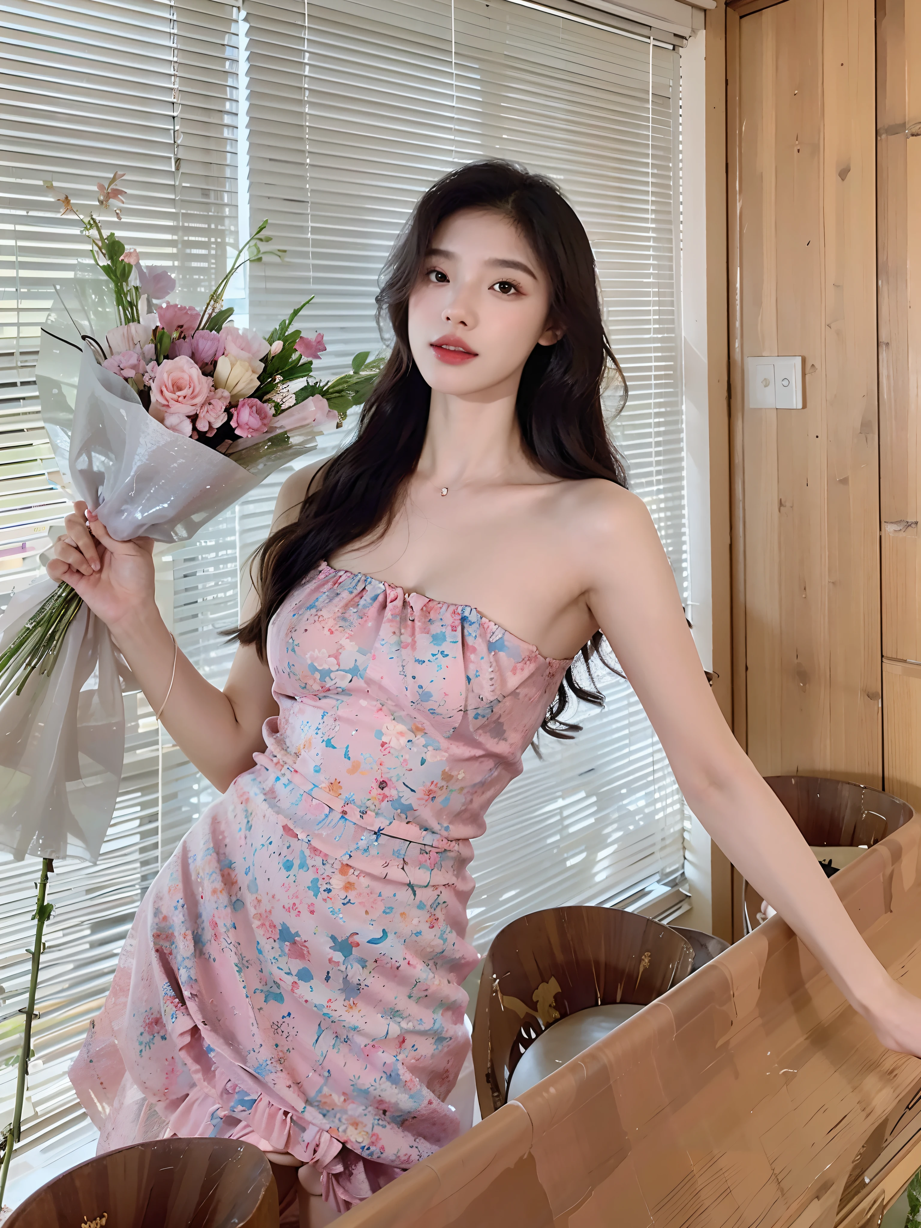 An Alatei woman in a floral dress holds a bouquet of flowers, Bandeau Dress, wearing a long flowery dress, wearing pink floral gown, Gorgeous young Korean woman, Flower dress, Strapless dress, beautiful Korean women, Beautiful young Korean woman, wearing in a summer dress, floral clothes, With flowers, is wearing  dress, flowery dress, bae suzy