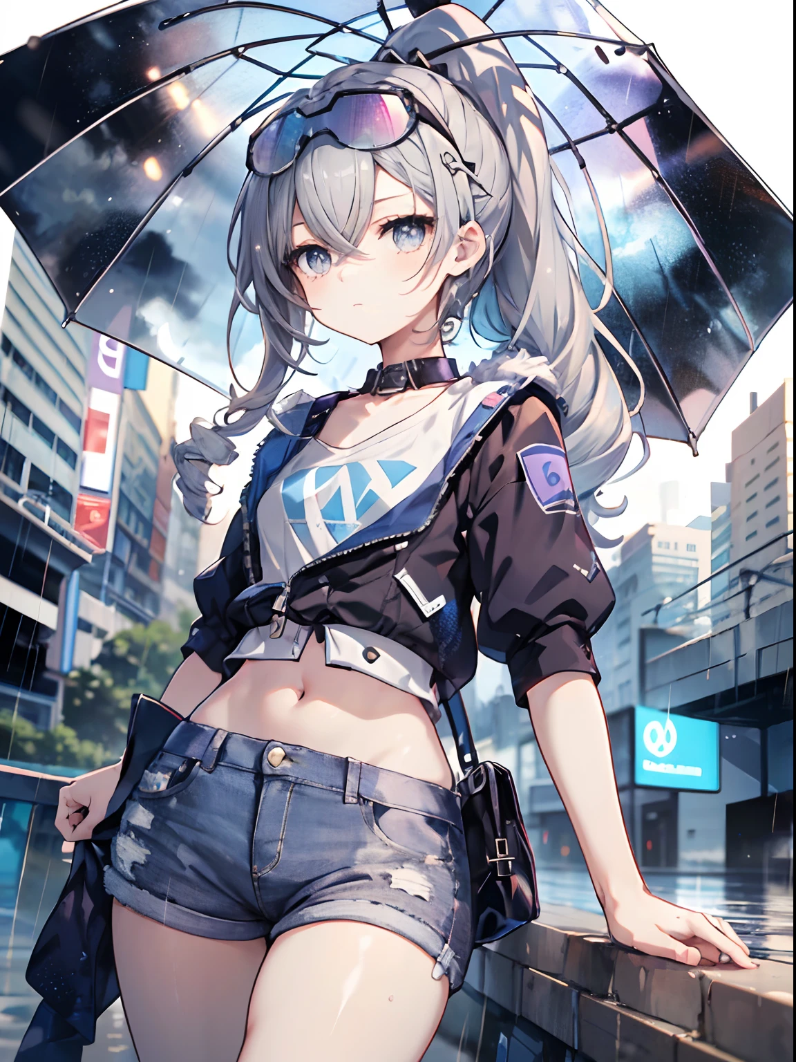 Exquisite masterpiece, best quality, illustration style, an anime girl with a curly ponytail, beautiful eyes, summer, white short-sleeved hem blown by the wind, jeans, blue-purple gradient goggles, small, heartwarming, youthful and beautiful, heroic and sassy, black and white matching, gray hair, showing a natural casual style. The dynamic posture contains the golden section, large aperture portrait, white space, strong contrast between light and shadow, super texture, super clear and concise picture, presenting extremely beautiful, elegant temperament, delicate facial expressions, city background, rainy days, road area water reflection