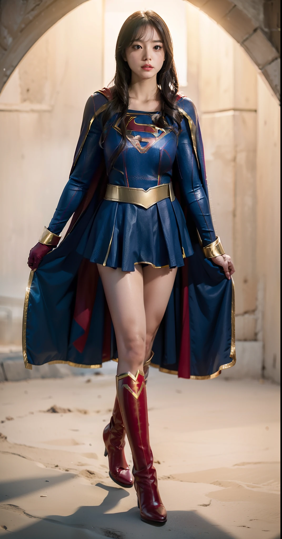 (((Make the most of the original image)))、(((Supergirl Costume)))、(((lustrous dark hair)))、(((Suffering)))、(((The cloak is red)))、(((Wearing stockings)))、((Top image quality、8K))、((top-quality、8K、masterpiece:1.3))、Crisp focus:1.2、Beautiful woman with perfect body shape:1.4、Slender Abs:1.2、((layers-Cut))、a wet body:1.5、Highly detailed facial and skin texture、