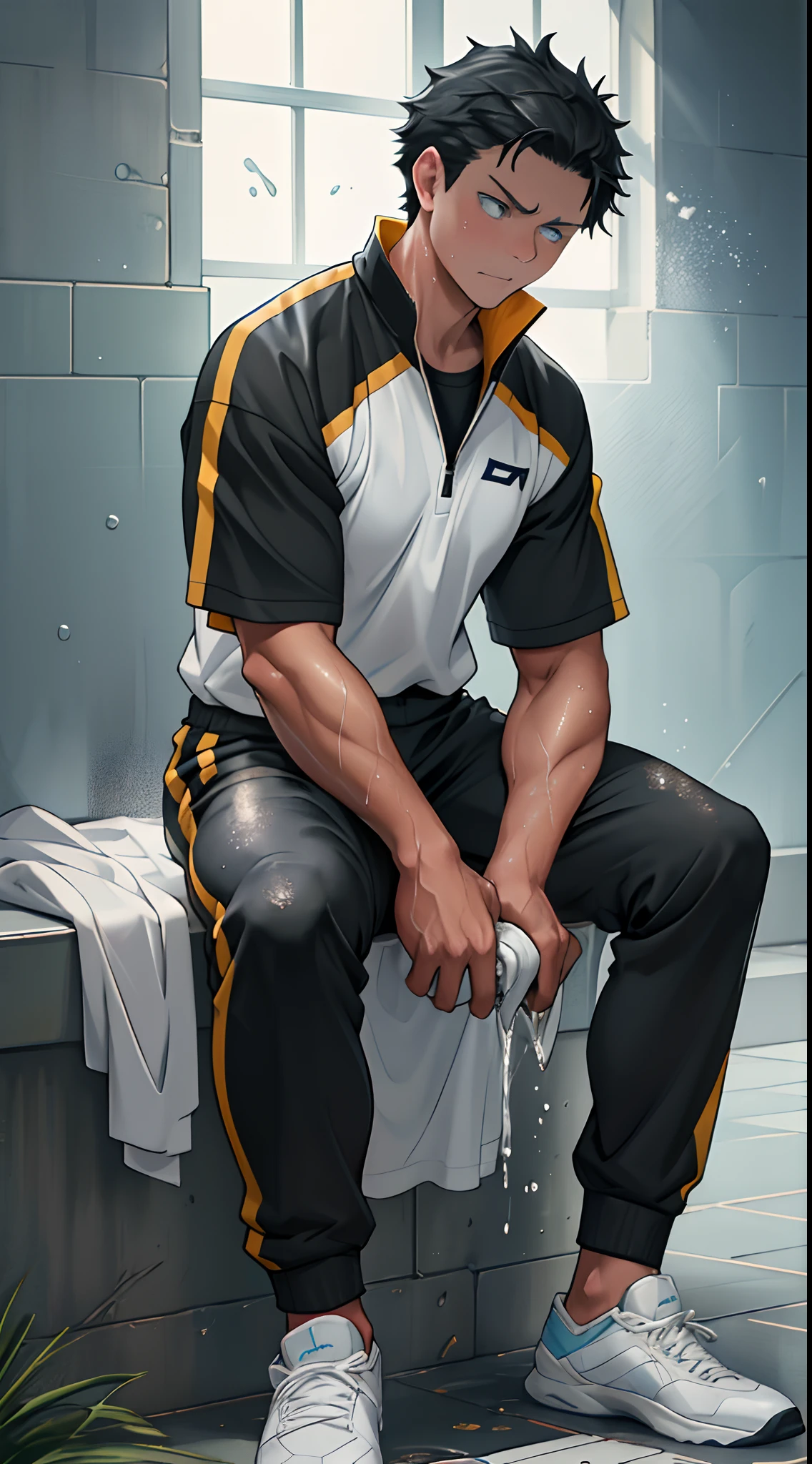 (1 Adult male),A high resolution, Sharp focus, Pixiv masterpiece, ((Complicated details)), highly detailed, natsuki_subaru, 1 man,perfect male figure,Urine on the trouser leg, Nervously bow your head,is shy,embarressed,exhilarated,is shocked,panicking,worry,A pool of urine formed around him,Very eager to pee,Unbearable,Wet yourself,Urine discharge,full bodyesbian,sit astride,Tired,decadent, blue color eyes(eyes glowing), Black hair short hair,Sports jerseys,White socks and sneakers worn on the feet,perspire,Drenched,Get wet,pissing,urine flows down the pants,look from down