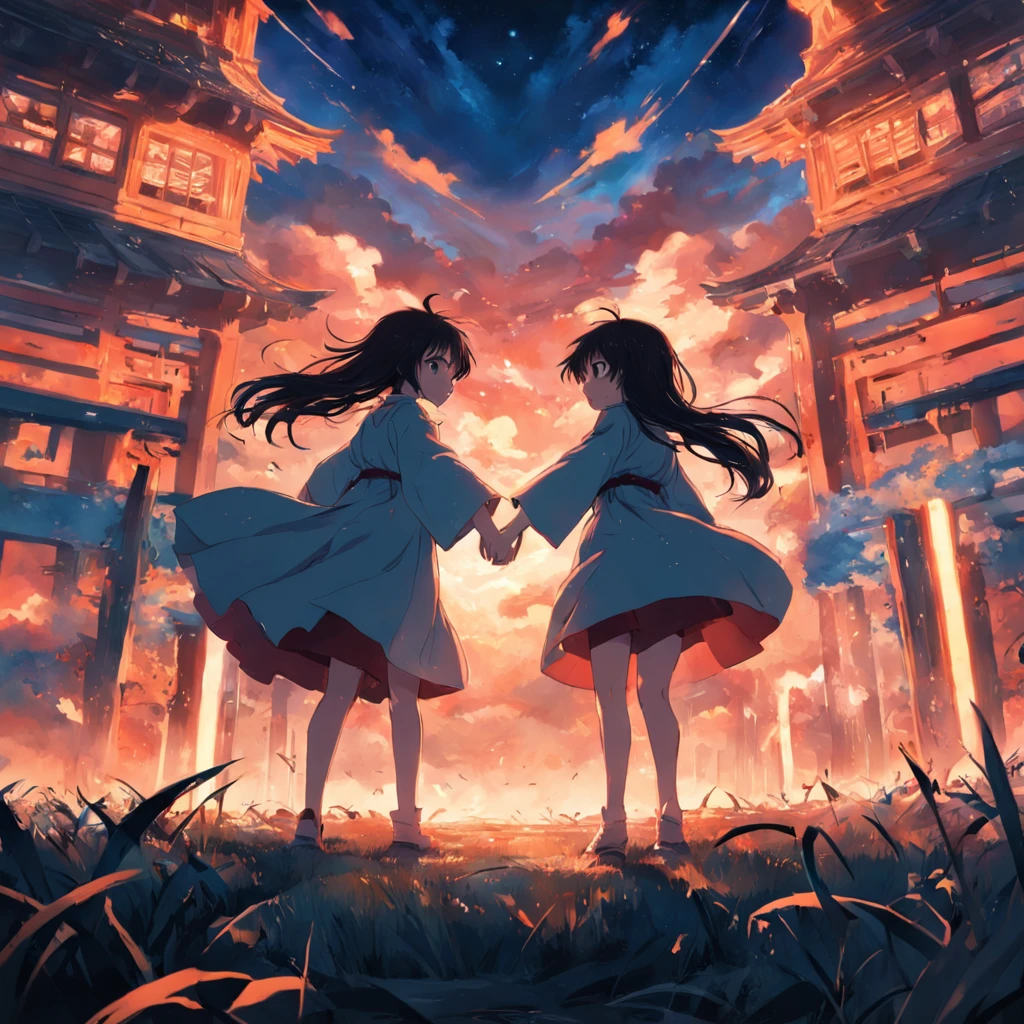 2girl,Facing each other,hands in arms,The breeze blows through
