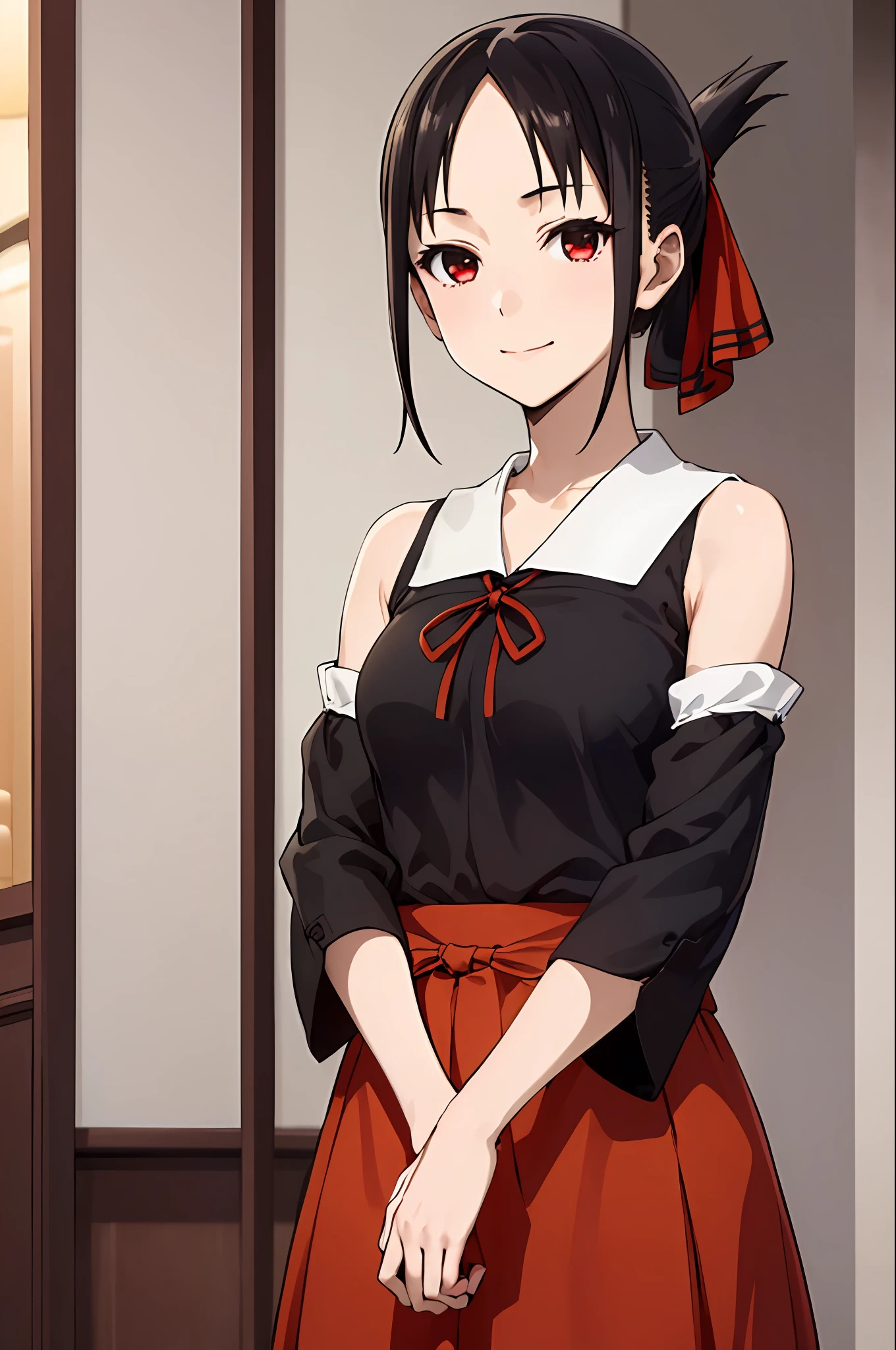 best quality, (masterpiece:1.2), detailed,
shinomiya kaguya,
1girl, solo, closed mouth, light smile,
black hair, red eyes, short hair, folded ponytail, hair ribbon, elegant clothes, no sleeve, red ribbon,
standing, looking at the viewer, medium breasts,((upper body))