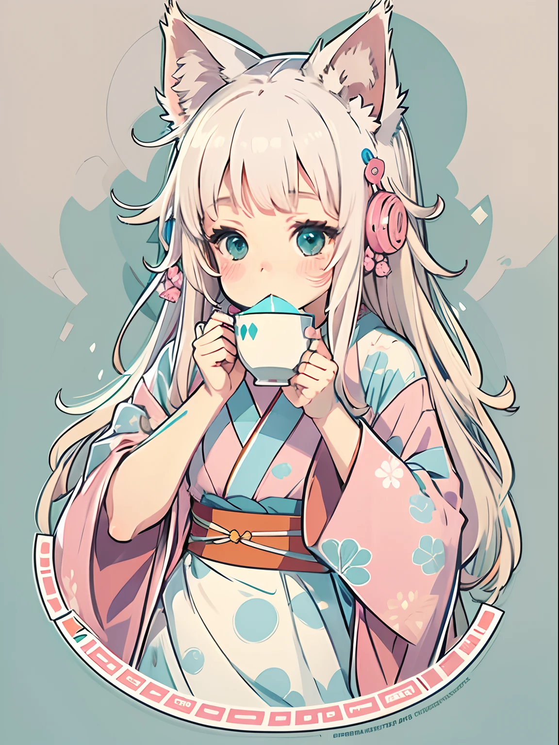 sticker, cute anime girl head, longhair style, cat ears, wearing pink kimono, drinking tea, in circle, white Background, Bright blue, Simple, Ultra Detailed, Detailed Drawing, Vectorization, Silhouette, 8k, professional sticker design, flat design, vector lines, sticker, drawing, Drawing, Full HD
