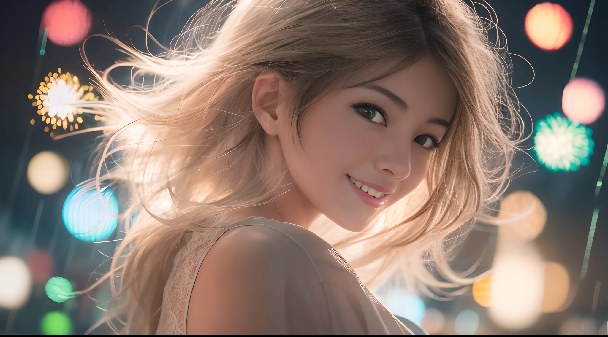 masutepiece, Best Quality, Raw photo、Ultra-realistic hair quality、Movie stills, 1girl in, front, Low-cut Sheer Dress, Big Tits, close-up, Bright, Happy, Warm soft light, (Fireworks: 0.3),japanes、18year old