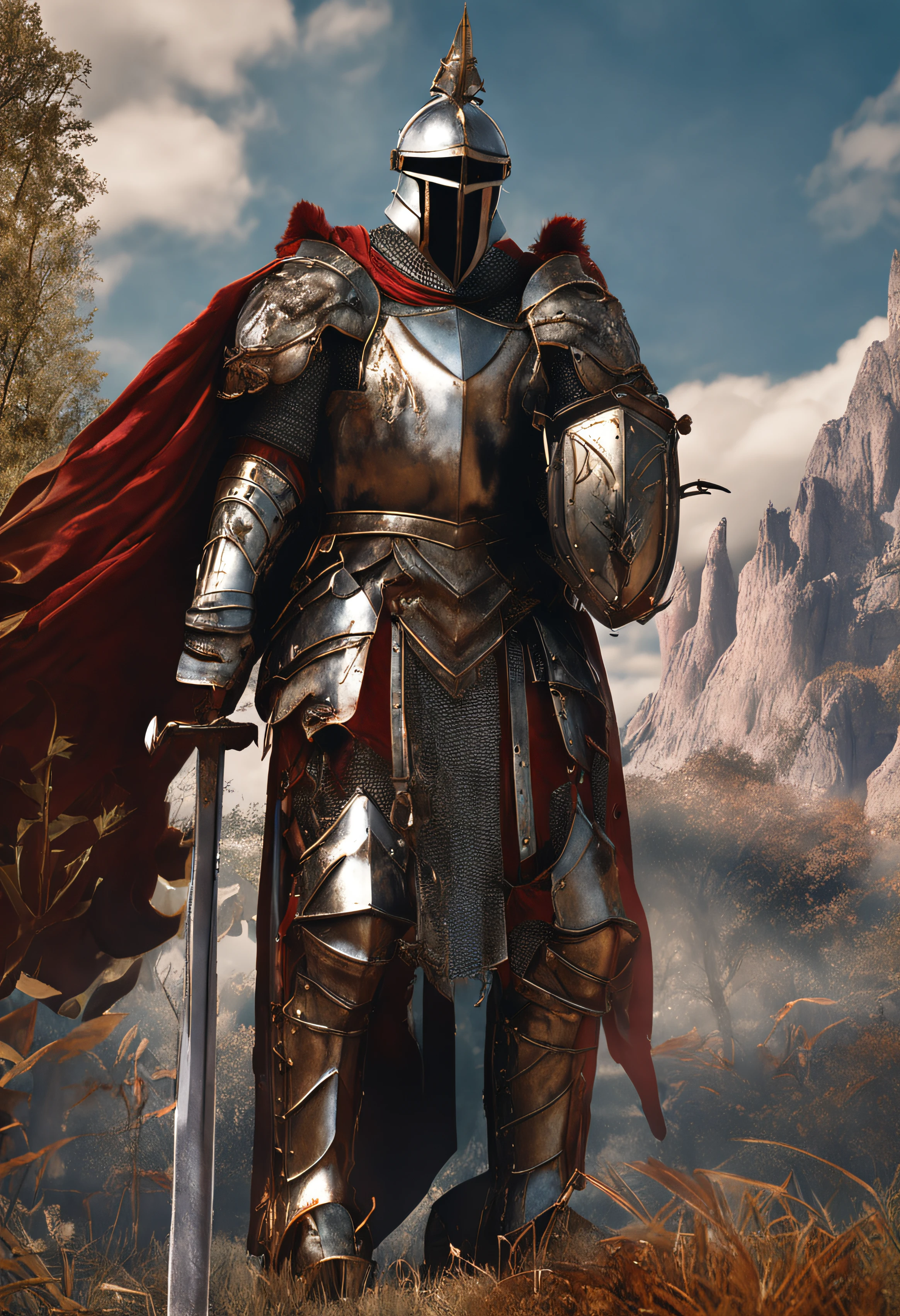 Royal Knights,Gorgeous heavy armor wraps the whole body,show,femele,Tall and mighty,Point the Knight's Sword to the ground,sportrait,closeup cleavage,Solemn,flatchest,modest,humble,Cinematic, hdr, primitive, Intricate, High quality, Gorgeous shades, Intricate details, super-fine,oc rendered,Ray traching,Reallightandshadow,Hyper-realistic