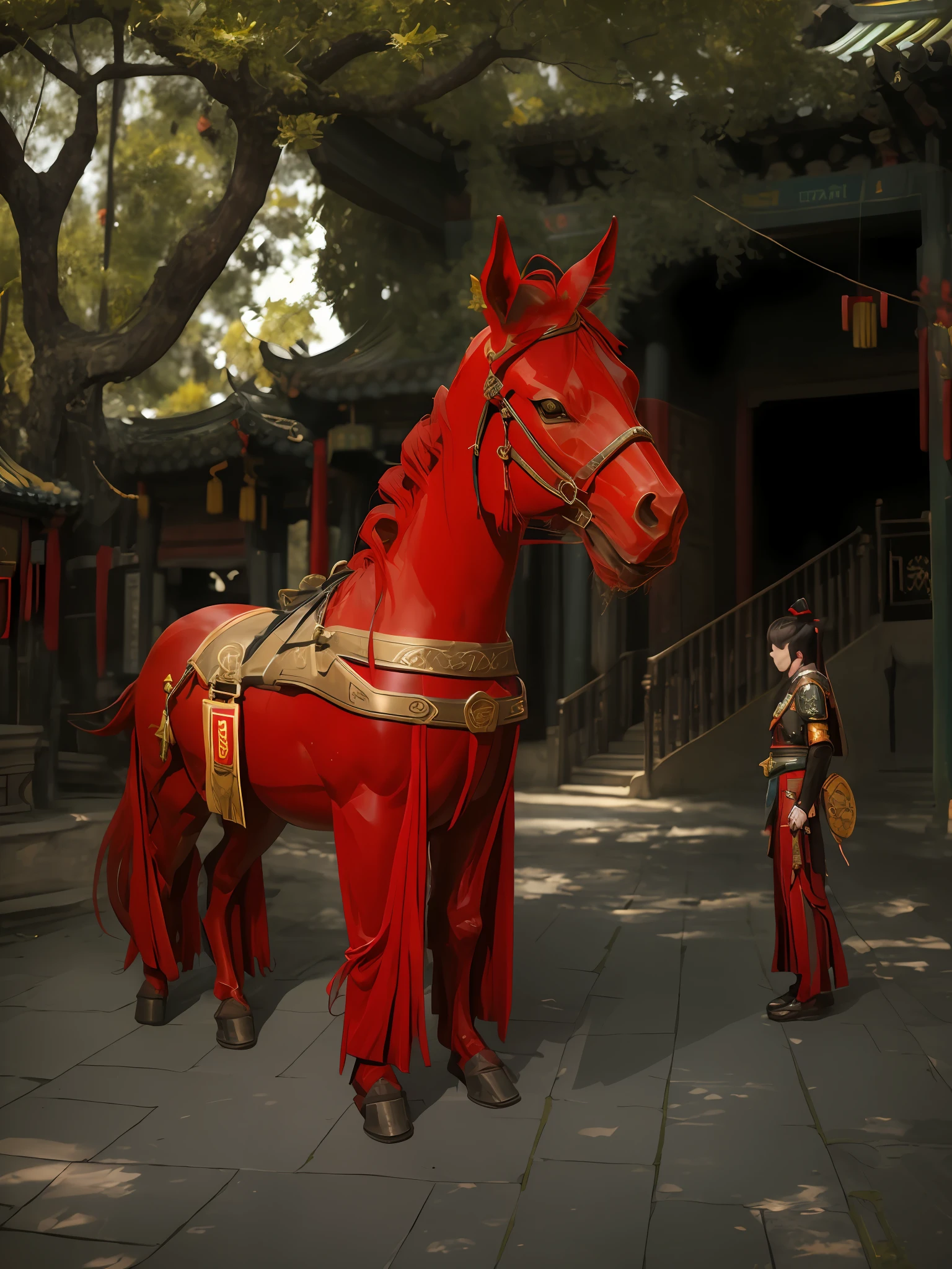 In front of the old complex，（A brown war horse dressed in red armor and a young Chinese general）, Tall and mighty，Red Warframe，Mighty，Camera shot, artist unknown, taken with a pentax k1000, （tmasterpiece：1.3）