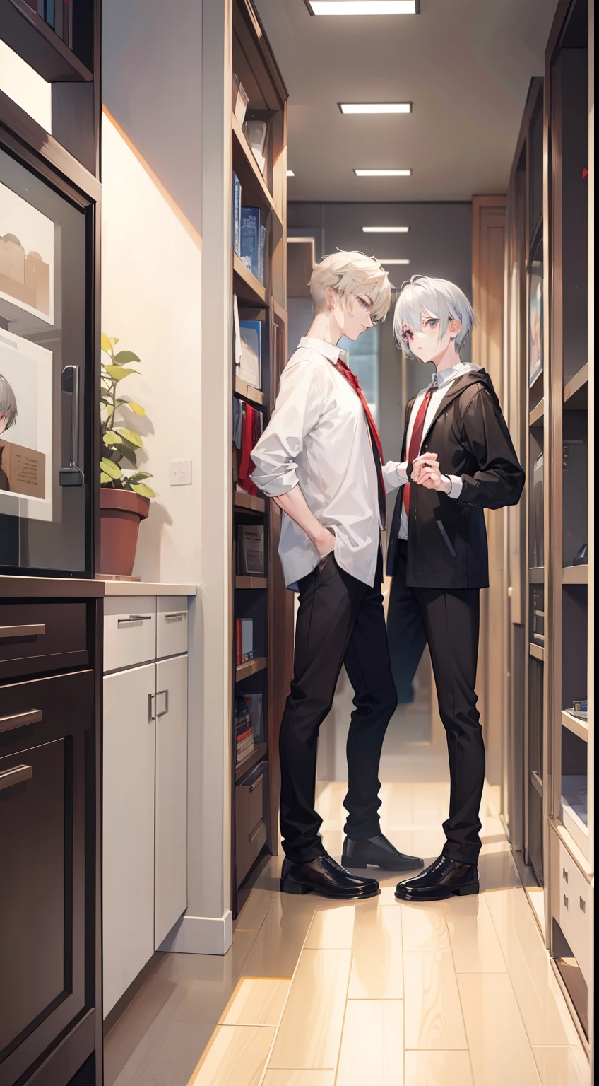 Two Boys, Silver-haired boy and brown-haired boy, Talking、High School Boys Duo、Interior Shop、dish、Boys Love、hight resolution、ultra-detailliert