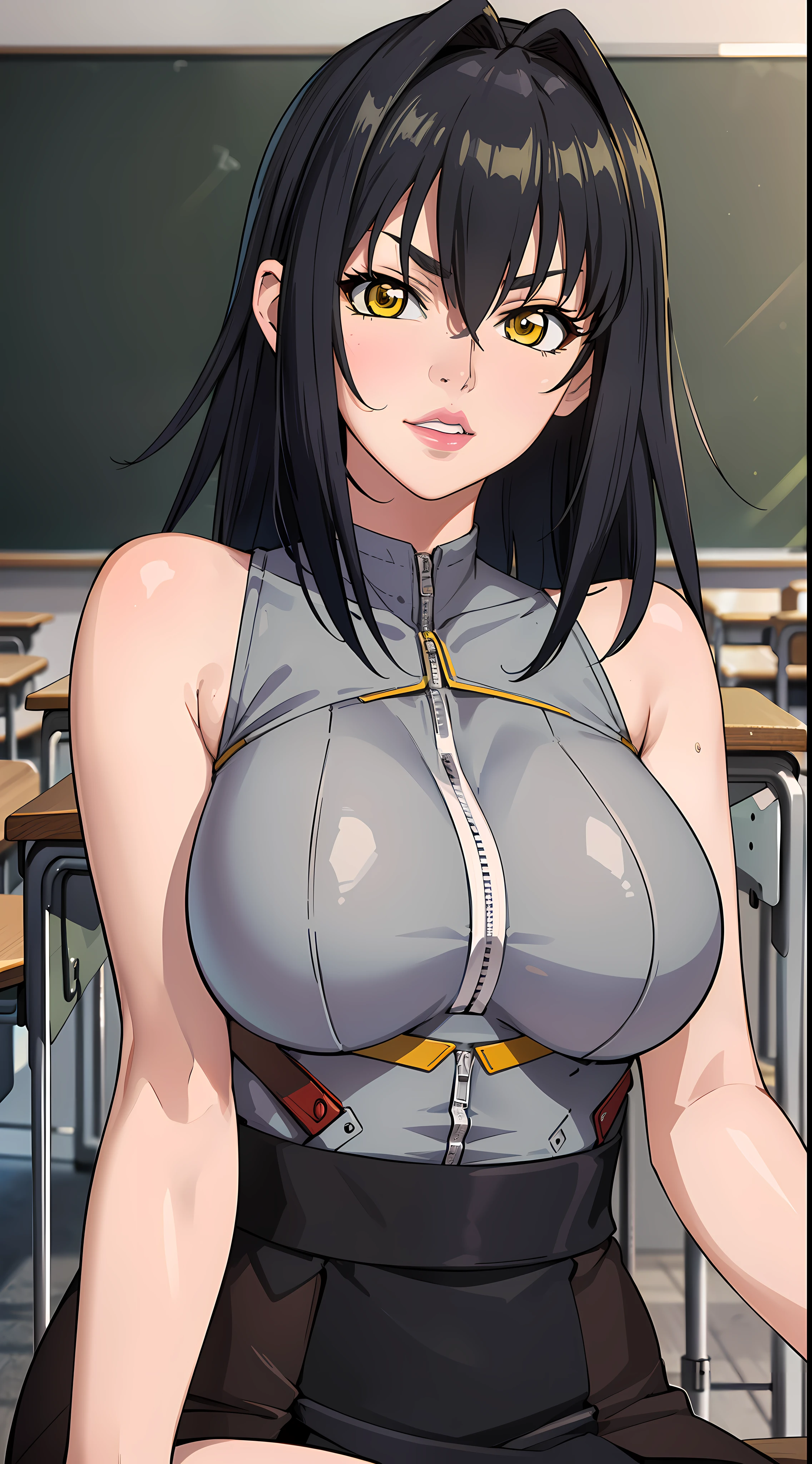 professional artwork, Intricate Details, field of view, sharp focus, detailed painting, photorealistic lighting, trending on pixiv,(masterpiece:1.0),(best_quality:1.0), ultra high res, ultra-detailed, photography, 8K, HDR, highres, absurdres:1.2, Kodak portra 400, film grain, sharp focus, bokeh:1.2, lens flare, (vibrant_color:1.2), (((indoors, classroom, classroom details, sitting on chair, perfect anatomy sitting, leaning to table))), annerose,
female mature, black hair, long hair, (((yellow eyes))), large breasts, hair intakes, 25yo,mature female,Beautiful Finger,Beautiful long legs,Beautiful body,Beautiful Nose,Beautiful character design, perfect eyes, perfect face, looking at viewer, official art,extremely detailed CG unity 8k wallpaper, (Beautiful,large_Breasts:1.4), (beautiful_face:1.5),(beautiful_lips:1.5),(narrow_waist), (solo:1.4), (upper body, half body shot),