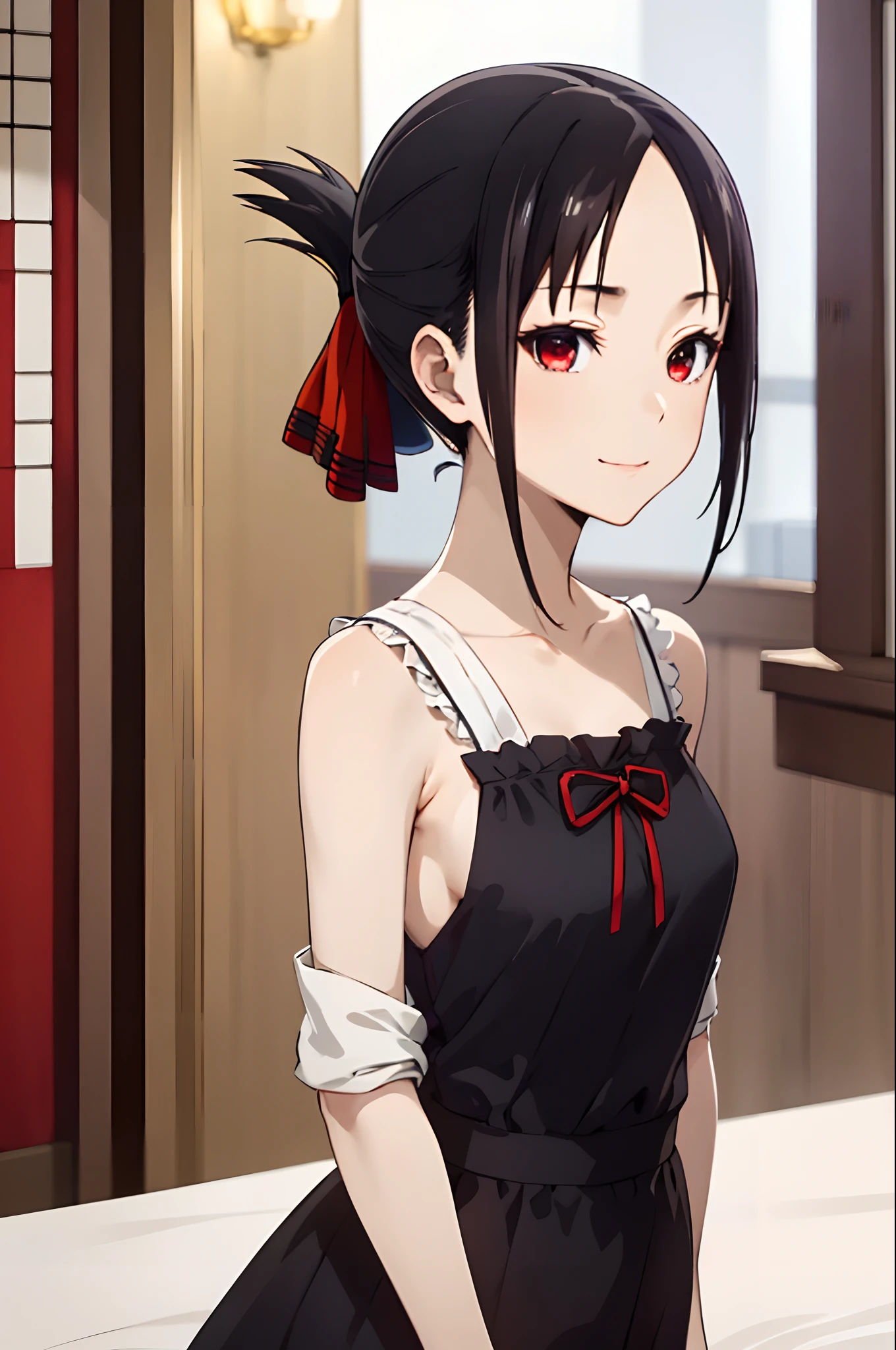 best quality, (masterpiece:1.2), detailed,
shinomiya kaguya,
1girl, solo, closed mouth, light smile,
black hair, red eyes, short hair, folded ponytail, hair ribbon, elegant clothes, no sleeve, red ribbon,
standing, looking at the viewer, medium breasts,((upper body))