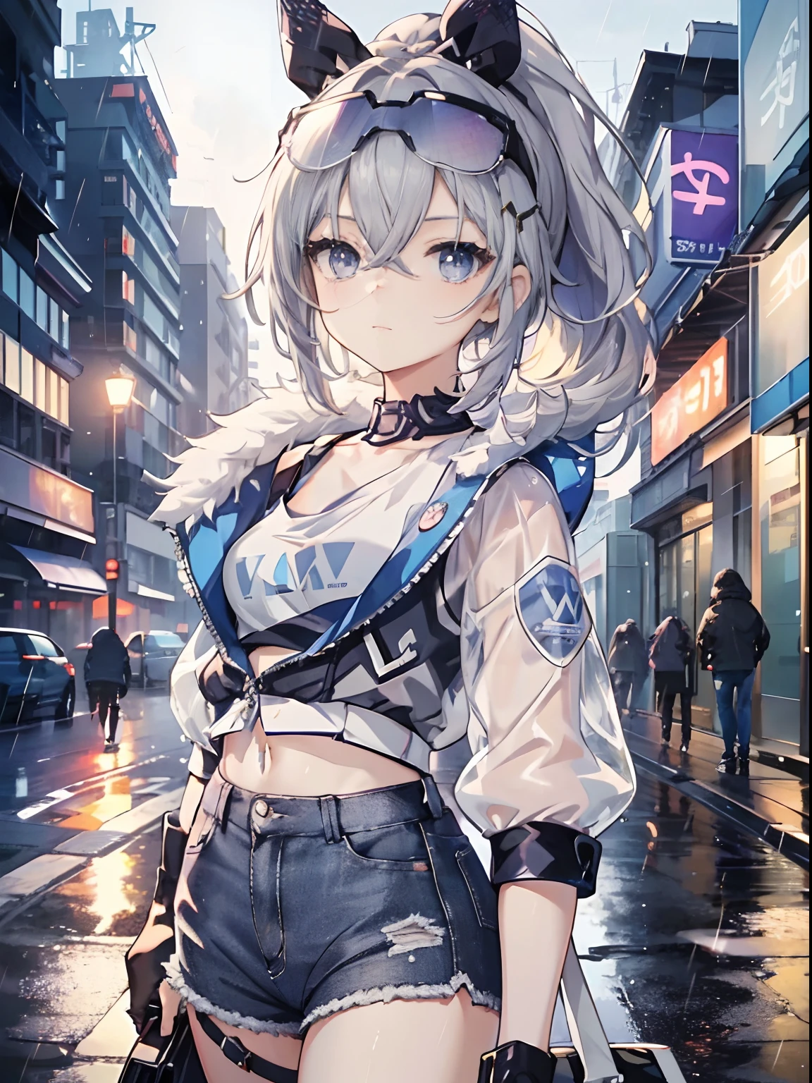 Exquisite masterpiece, best quality, illustration style, an anime girl with a curly ponytail, beautiful eyes, summer, white short-sleeved hem blown by the wind, jeans, blue-purple gradient goggles, small, heartwarming, youthful and beautiful, heroic and sassy, black and white matching, gray hair, showing a natural casual style. The dynamic posture contains the golden section, large aperture portrait, white space, strong contrast between light and shadow, super texture, super clear and concise picture, presenting extremely beautiful, elegant temperament, delicate facial expressions, city background, rainy days, road area water reflection