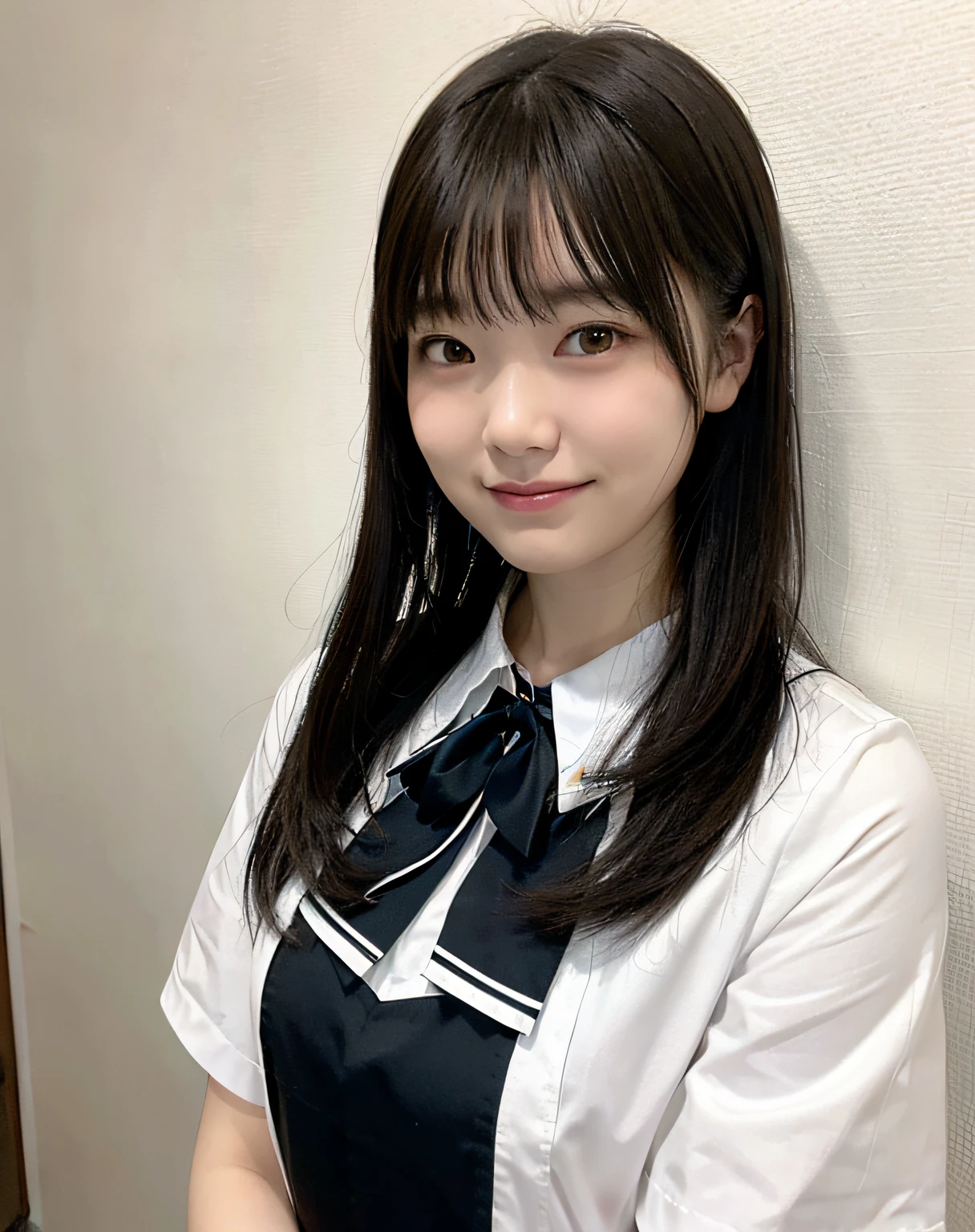 High school girl wearing high school uniform with arms folded in front of her、top-quality、One girl、tiny chest、Background white wall、a smile、show teeth、Less wrinkles on uniforms
