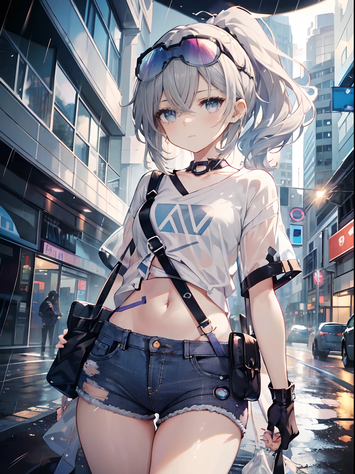 Exquisite masterpiece, best quality, illustration style, an anime girl with a curly ponytail, beautiful eyes, summer, white short-sleeved hem blown by the wind, jeans, blue-purple gradient goggles, small, heartwarming, youthful and beautiful, heroic and sassy, black and white matching, gray hair, showing a natural casual style. The dynamic posture contains the golden section, large aperture portrait, white space, strong contrast between light and shadow, super texture, super clear and concise picture, presenting extremely beautiful, elegant temperament, delicate facial expressions, city background, rainy days, road area water reflection