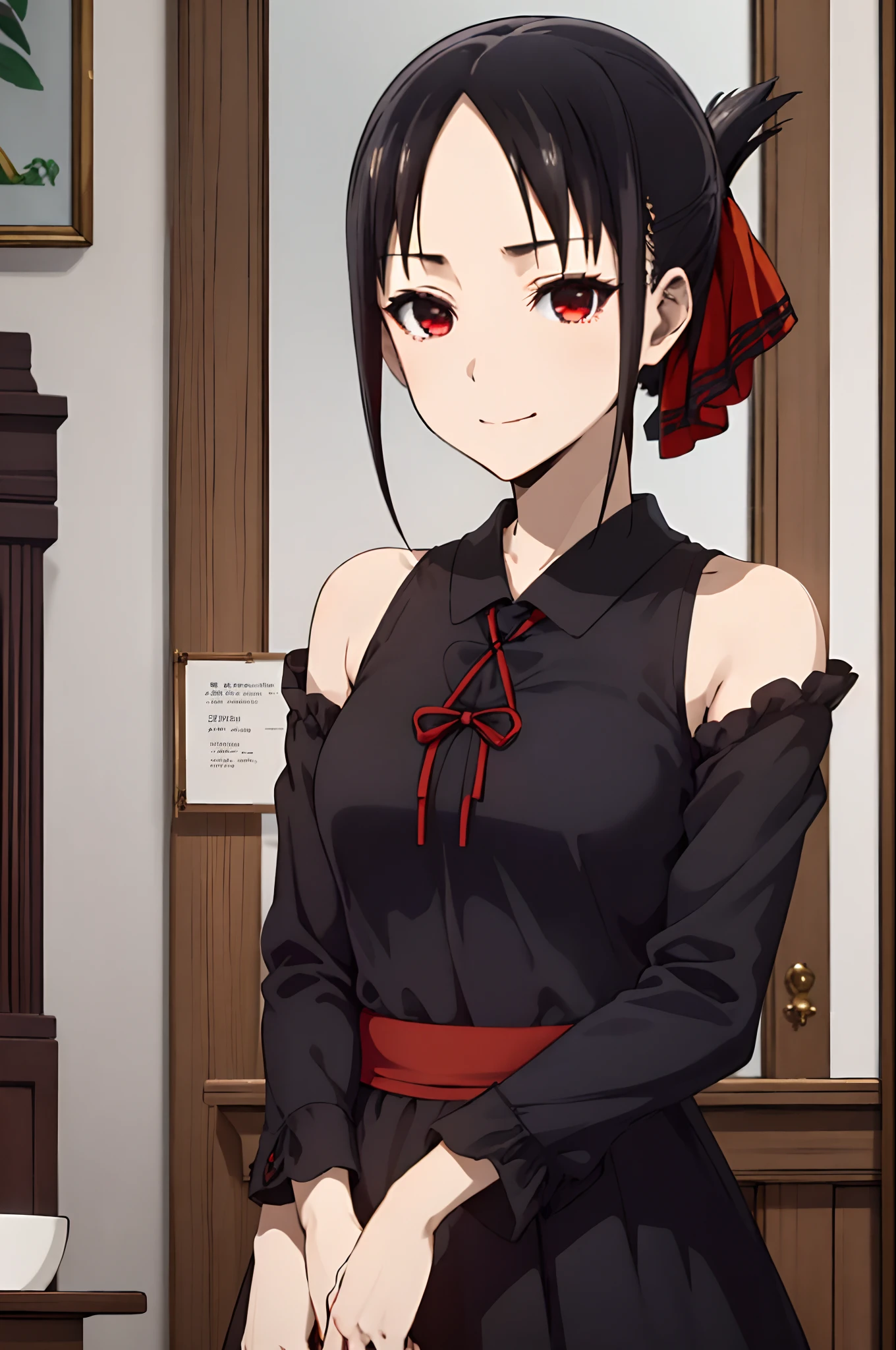 best quality, (masterpiece:1.2), detailed,
shinomiya kaguya,
1girl, solo, closed mouth, light smile,
black hair, red eyes, short hair, folded ponytail, hair ribbon, elegant dress, no sleeve, red ribbon,
standing, looking at the viewer, medium breasts,((upper body)), ((blood, evil, cruel girl, dominant))