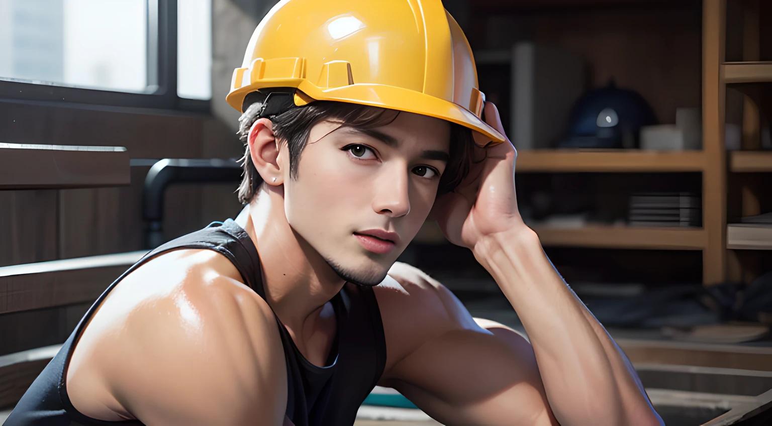 ((Men only)), (head shot), (handsome muscular man in his 20s), (man working at a construction site wearing a yellow helmet), (Chris Redfield), (wearing tank top), (showing his abs), (Mischievous smile), (detaile: 1 in 1), Natural muscles, HIG quality, beautidful eyes, (Detailed face and eyes), (Face、: 1 / 2), Noise, Real Photographics、... .................................................................................................................PSD, Sharp Focus, High resolution 8K, realisitic & Professional Photography, 8K UHD, Soft lighting, High quality, Film grain, FujifilmXT3