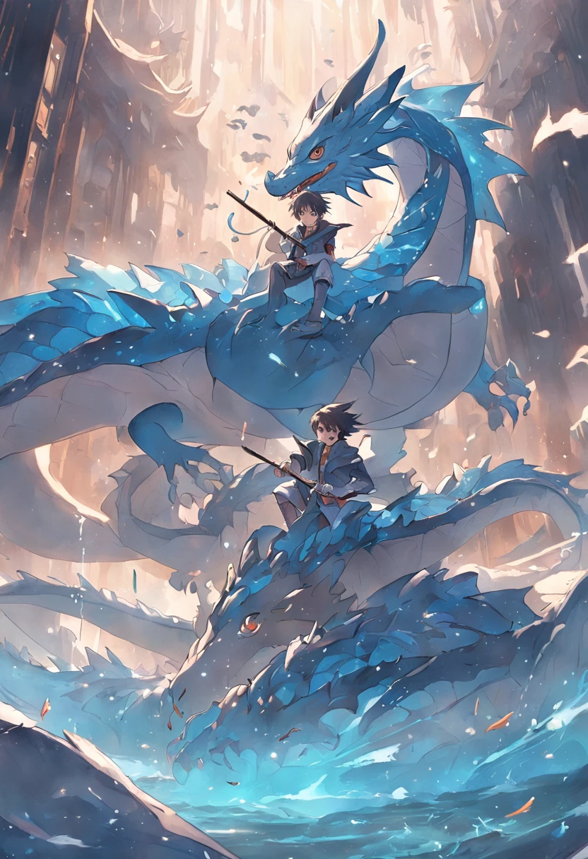 （Handsome teenager riding a dragon），Play the flute with your eyes closed，Blue-blue water dragon，corrugation，The air is filled with water droplets，Cloud effect：1.5,Slender dragon body，elevation，Faraway view，super detailing，best qualtiy，tmasterpiece，（8K，Extremely detailed，Epic artwork