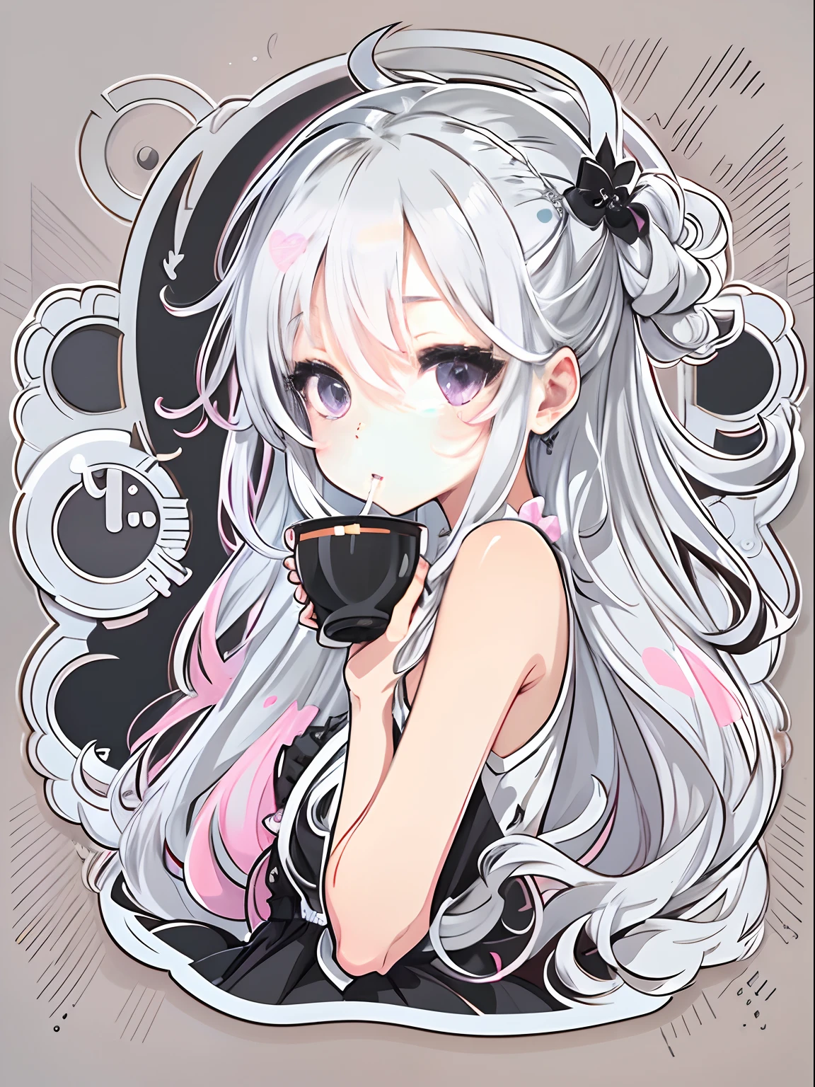 Sticker, Cute anime girl head, Silver-white long hair styling,Purple eye，Black ears, Wearing a black dress, Drinking tea, in circle, White background, Bright pink, Simple, Ultra detailed, Detailed drawing, vectorised, Silhouette, 8K, professional sticker design, Flat design, Vector lines, Sticker, Drawing, Drawing, Full-HD