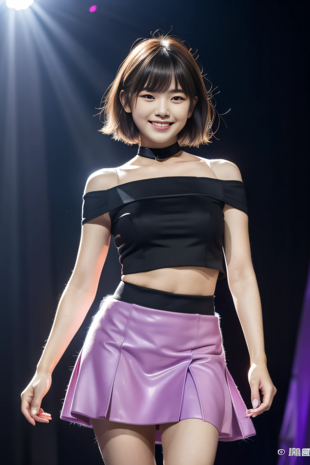 （8K分辨率，Vista full body photo，Photos above the legs），（1 female，age 22，（Facial features of Hong Jin-young in South Korea：1.8，Wide skeletal cheeks，s delicate face），Lovely face，com rosto detalhado，详细的脸，（Delicate Japanese makeup），Black colored eyes，（Look into the distance），Short crimson hair with a slight curl（Messy has layers），Redlip，Fair smooth skin，（Best Skin Type：1.21），A plump chest，（Off-the-shoulder T-shirt，（black in color），（materpiece：terylene，real silk），Short irregular skirt（brown pubic fur）），Slightly chubby body，stage action，perfect hand，Ultra-fine clothing material），（Youth idol，Idol commercial performance，Exquisite details of the stage environment），（exhilarated，confident smile，Rejoice），（profesional lighting，动态照明），（（Color conflicts，adolable，youthfulness，vivaciousness（black in color，brown pubic fur，purpleish color））），（Golden section，Cinema lenses，Dynamic shots，Hasselblad photograp，tmasterpiece：1.3），（Concert，Youth idol，trendsetting，Artis，Art platform