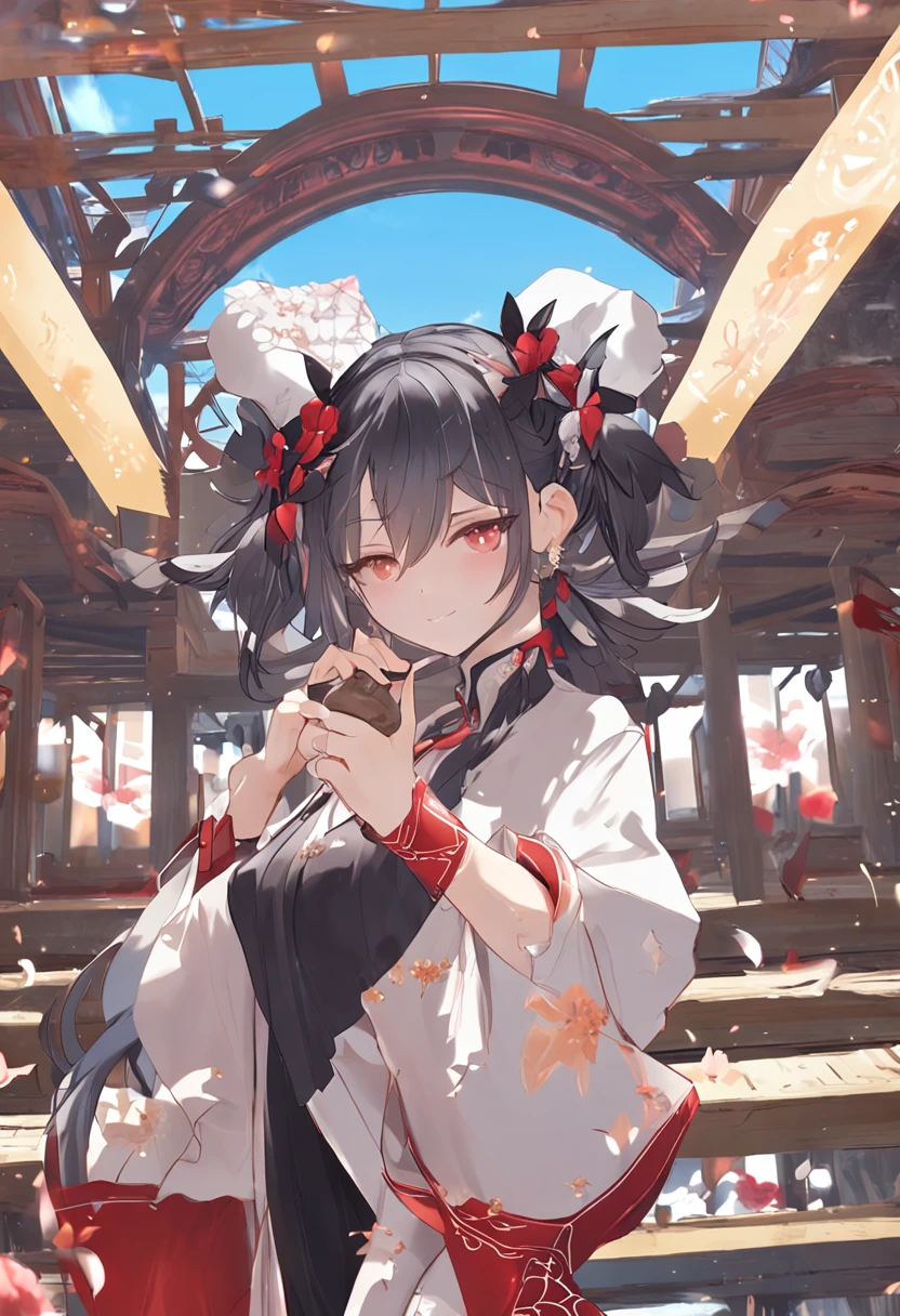 genshin impact, {{{hu tao (genshin impact)}}}, {{{masterpiece}}},{{{best quality}}}, {{ultra-detailed}}, {{extremely detailed CG}}, {{8k_wallpaper}}, {{an extremely delicate and beautiful}}, dynamic angle, floating, {beautiful detailed eyes}, an extremely delicate and beautiful girl, 1girl, twintails, {black hair}, red eyes eyes, blush, full body, shorts, black jacket, leather shoes, white short socks, flower-shaped pupils,