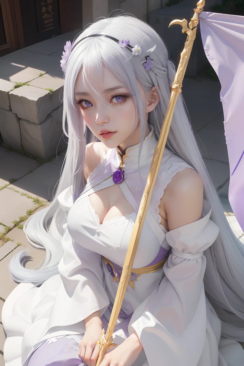 There is a woman with long gray hair with a large purple flag, artwork in the style of guweiz, Anime girl cosplay, guweiz, with long white hair, white haired god, with white long hair, Anime Cosplay, guweiz on pixiv artstation, guweiz on artstation pixiv, Trending on CGSTATION, anime goddess