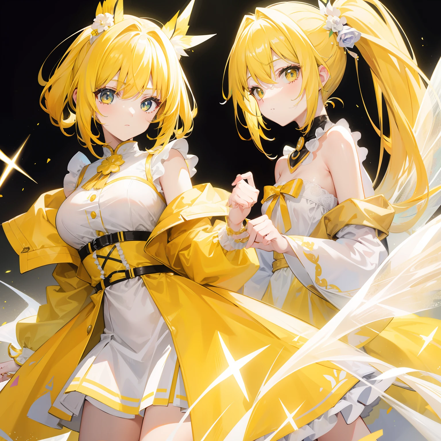 Bright yellow hair，high ponytails，White and yellow clothes are decorated with gold accents，Cute and cute as a fairy