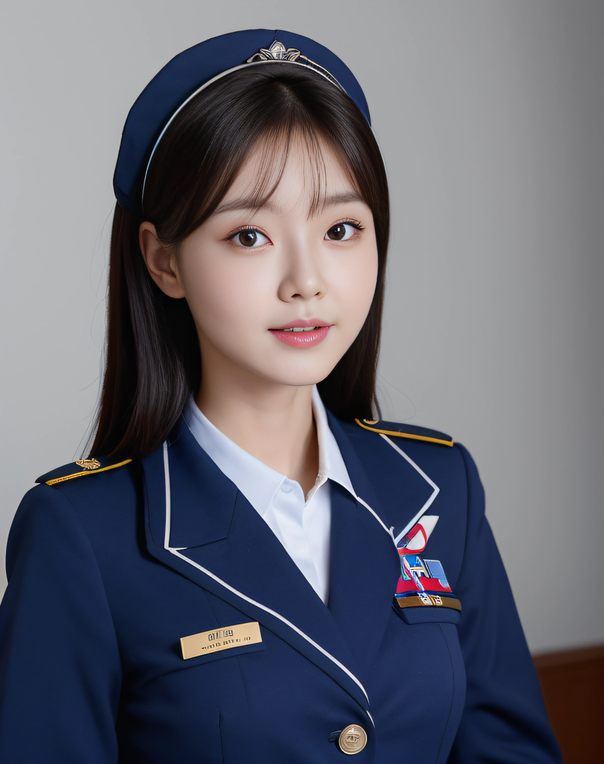 Take a solo photo of a Korean woman in her 20s wearing a flight attendant's uniform, 8K分辨率, With the highest quality. Women should face the camera, And the photo should be anatomically correct and super detailed