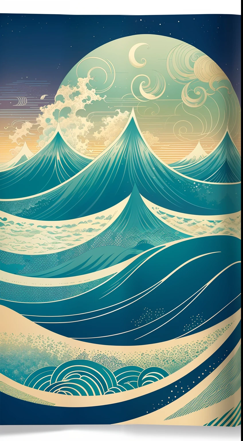 waves at night big moon, victo ngai style, botticelli and victo ngai, victo ngai! muted colors, inspired by Victo Ngai, victo ngai and tristan eaton, by Victo Ngai, james jean and victo ngai, ( ( victo ngai ) )