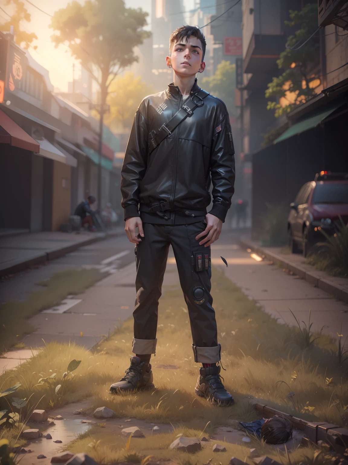 Change baground cyberpunk younger boy without beards realistic 8k