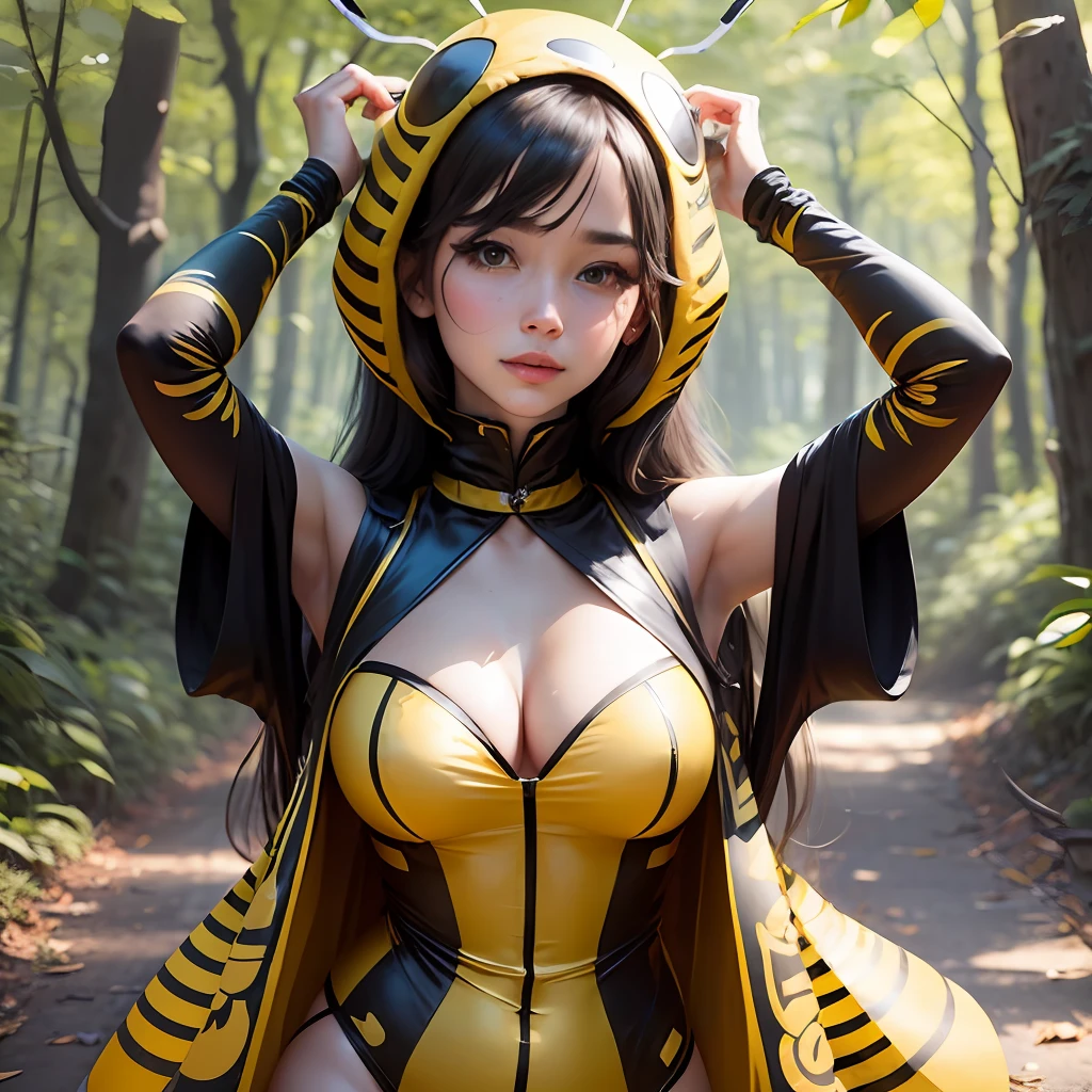 woman in a sexy bee costume, walking in a beautiful forest, little clothes, yellow and black color --auto --s2