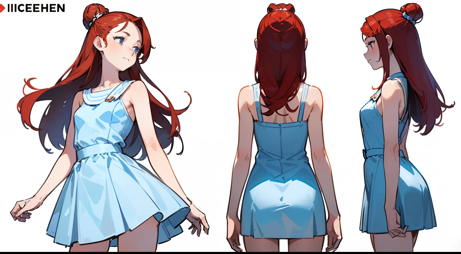 ((Best Quality)), ((Masterpiece)), ((Realistic)) 19 year old, redhead girl, shoulder length hair, relaxed happy face ((slender)) (busty), ((( ice skater dress))) (((mini skirt))) ((( up-skirt ))) ((sexy dress)) (((white thong))) bun hairstyle, (((detailed character sheet, frontal view, side view, three quarter view))) (((white background))) 6 and a half heads full body